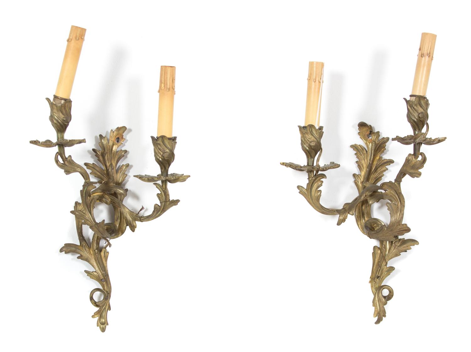 A Pair of Louis XV Style Gilt Bronze Two-Light Wall Sconces Height 17 x width 9 1/2 x depth 6 inches. — 19TH CENTURY