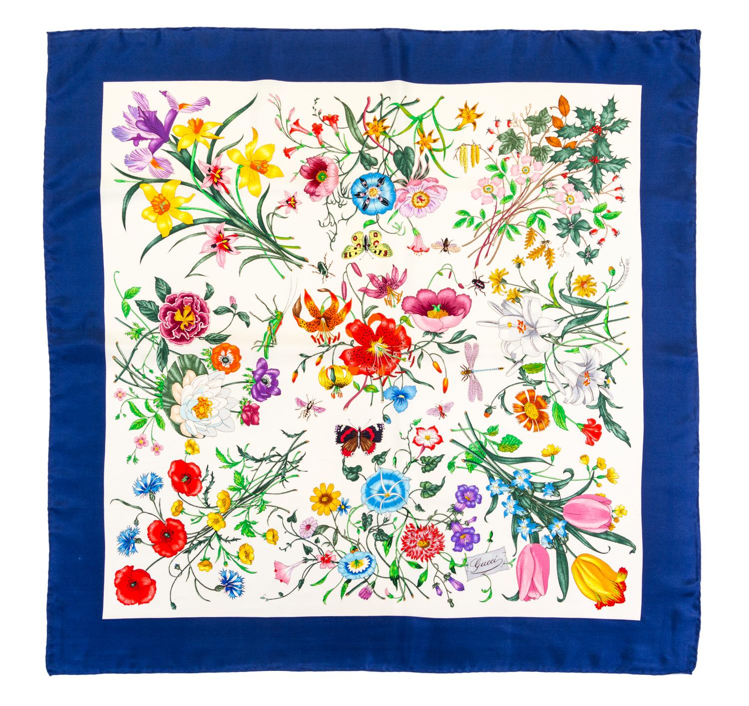 A Pair of Gucci Multicolor Floral Scarves, 34" x 34".