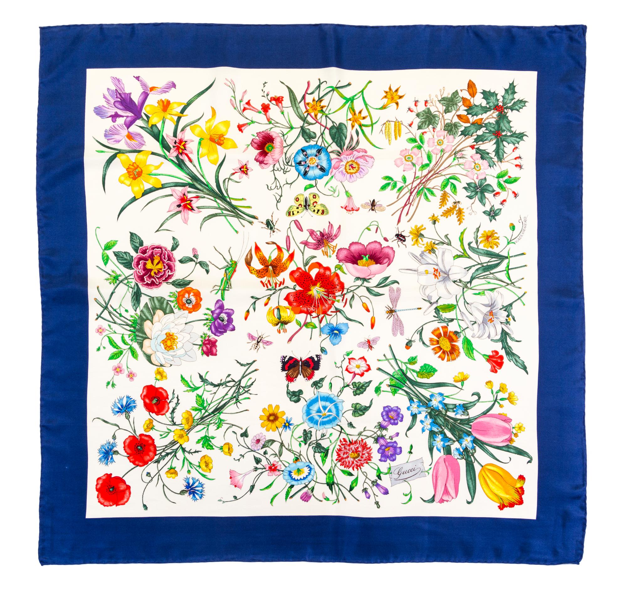 A Pair of Gucci Multicolor Floral Scarves, 34" x 34".