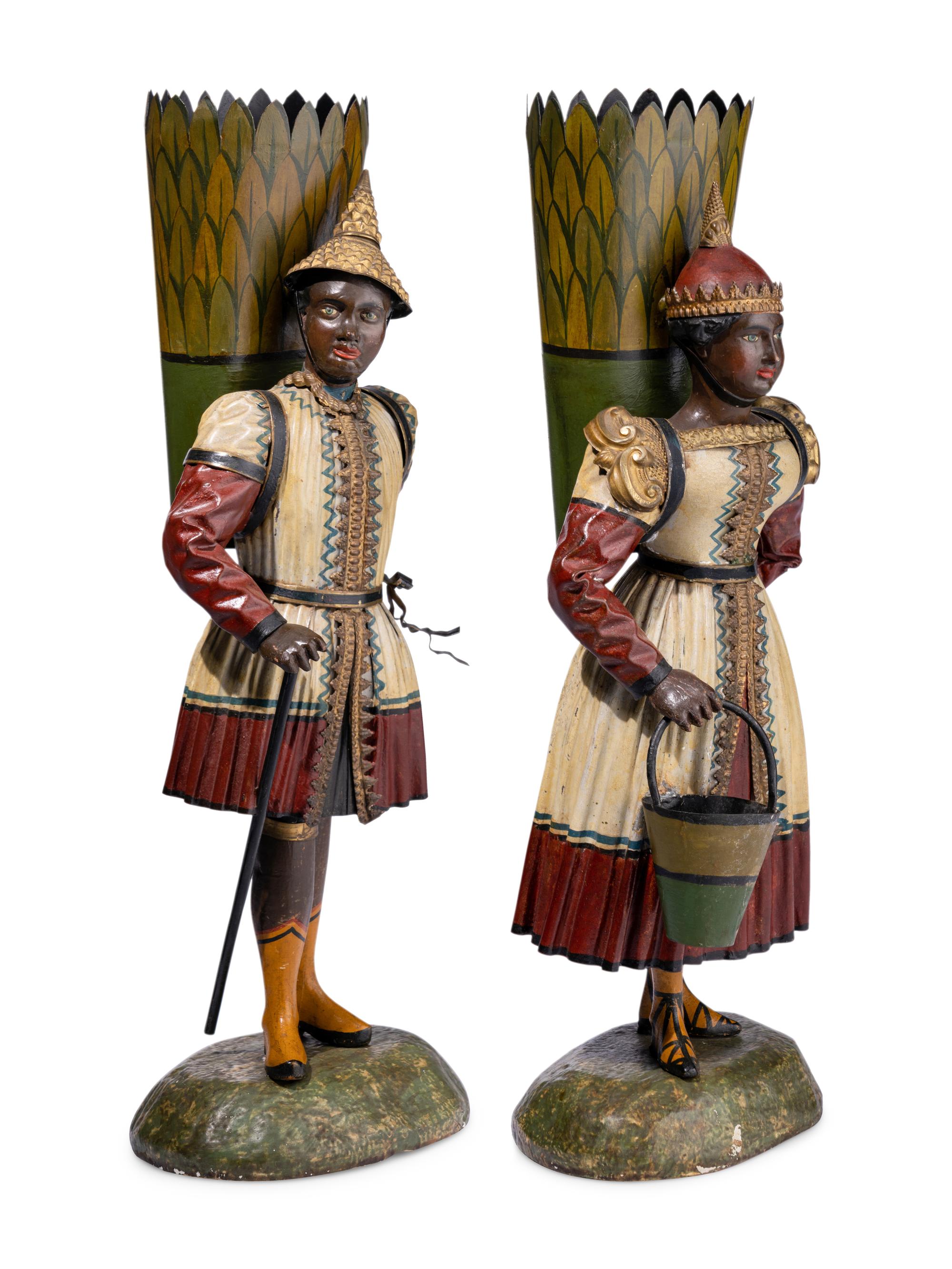 A Pair of French Tôle Peinte Figural Vases