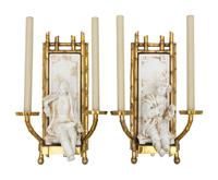 A Pair of Chapman Chinoiserie Brass and Ceramic Two-Light Sconces