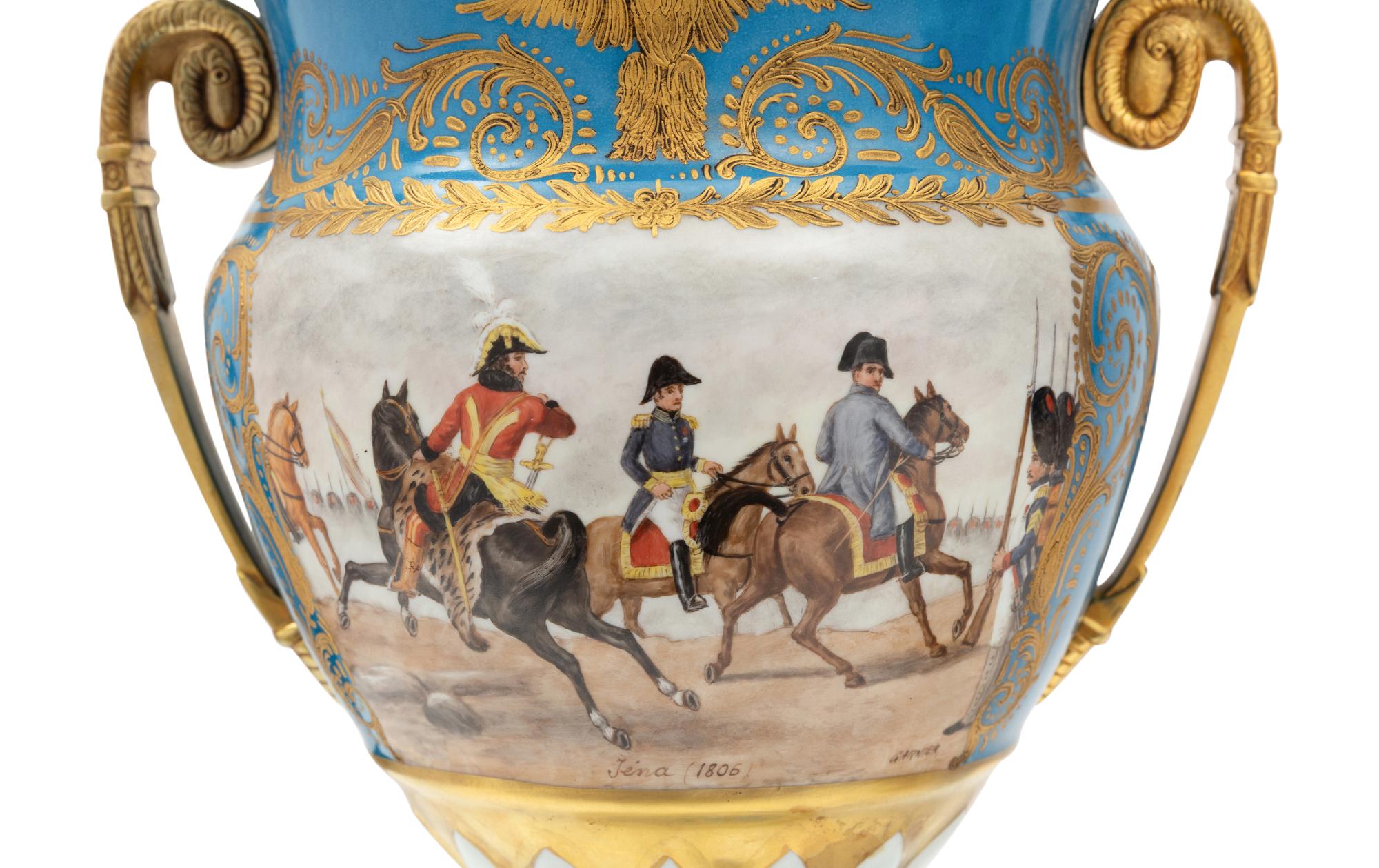 A Pair of Sevres Style Porcelain and Gilt-Bronze Mounted Napoleonic Urns