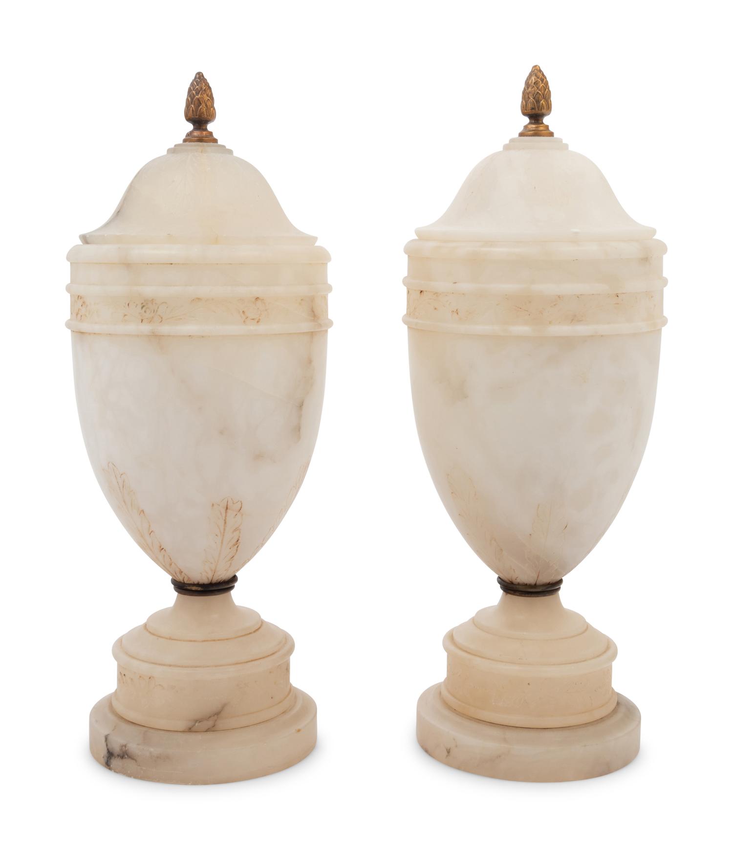 A Pair of Alabaster Urns Fitted as Lamps