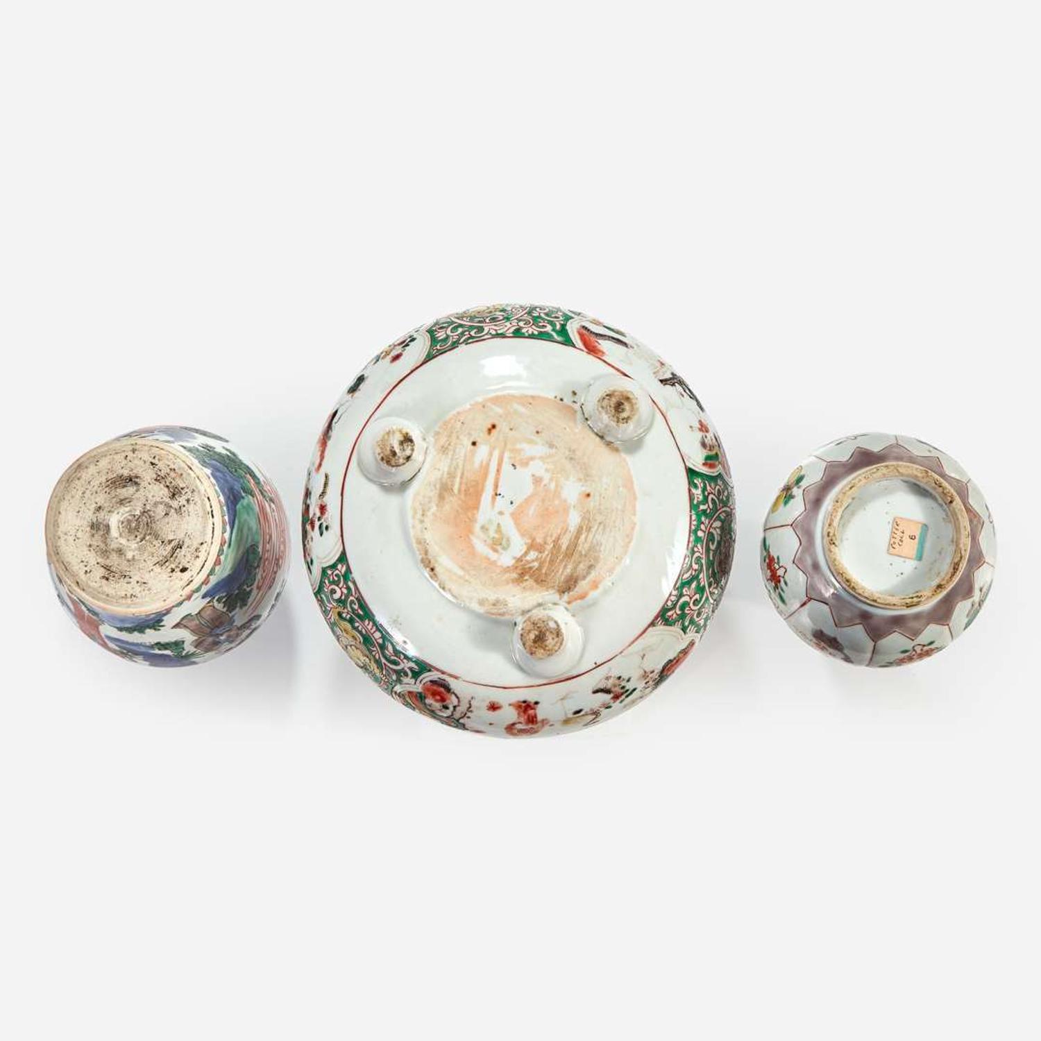 A Wucai porcelain small vase, a famille verte lobed vase, and an enameled porcelain censer 17th century or later