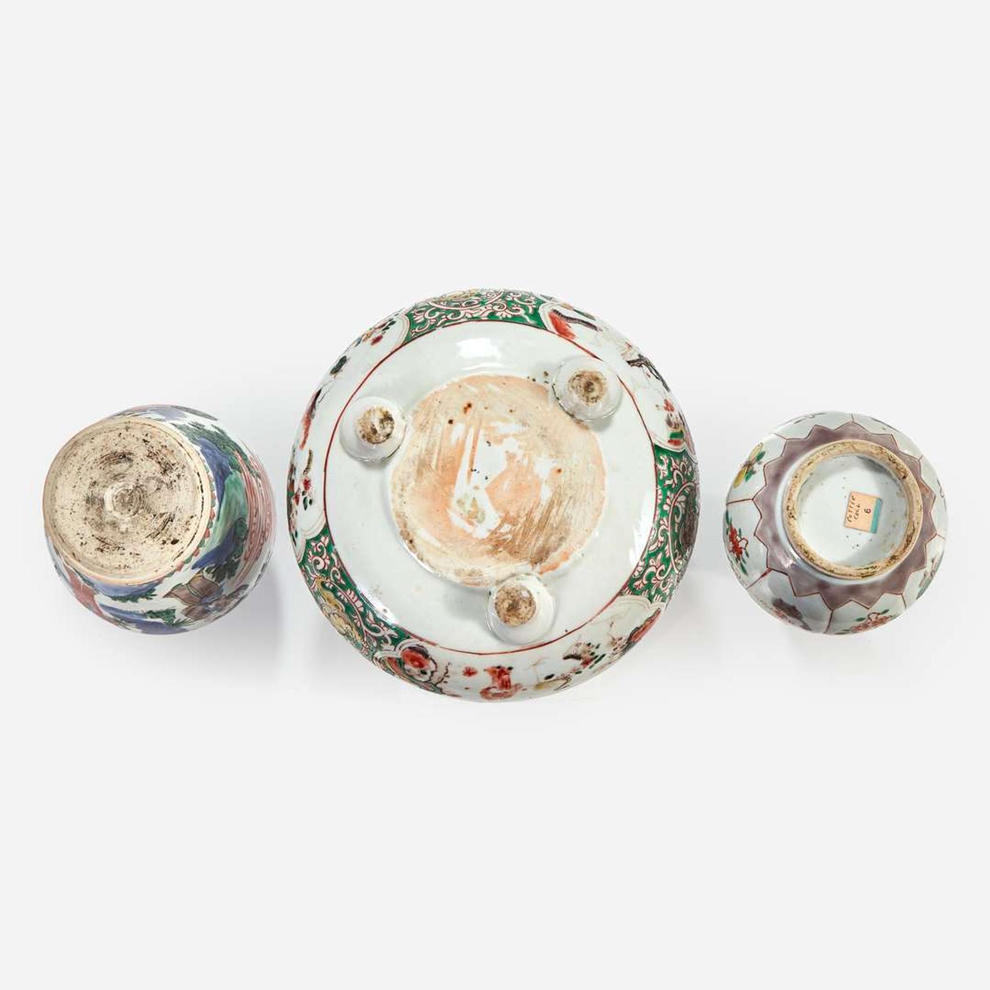 A Wucai porcelain small vase, a famille verte lobed vase, and an enameled porcelain censer 17th century or later