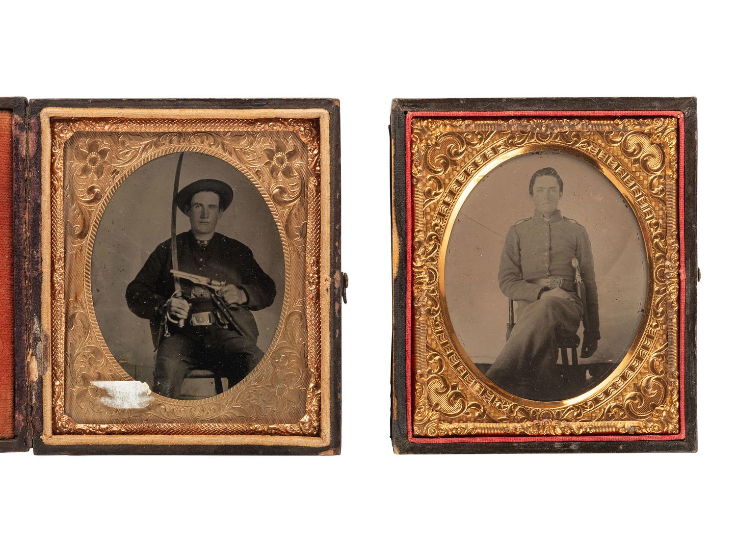 [CIVIL WAR]. 2 sixth plate tintypes featuring possibly southern soldiers armed with revolvers.