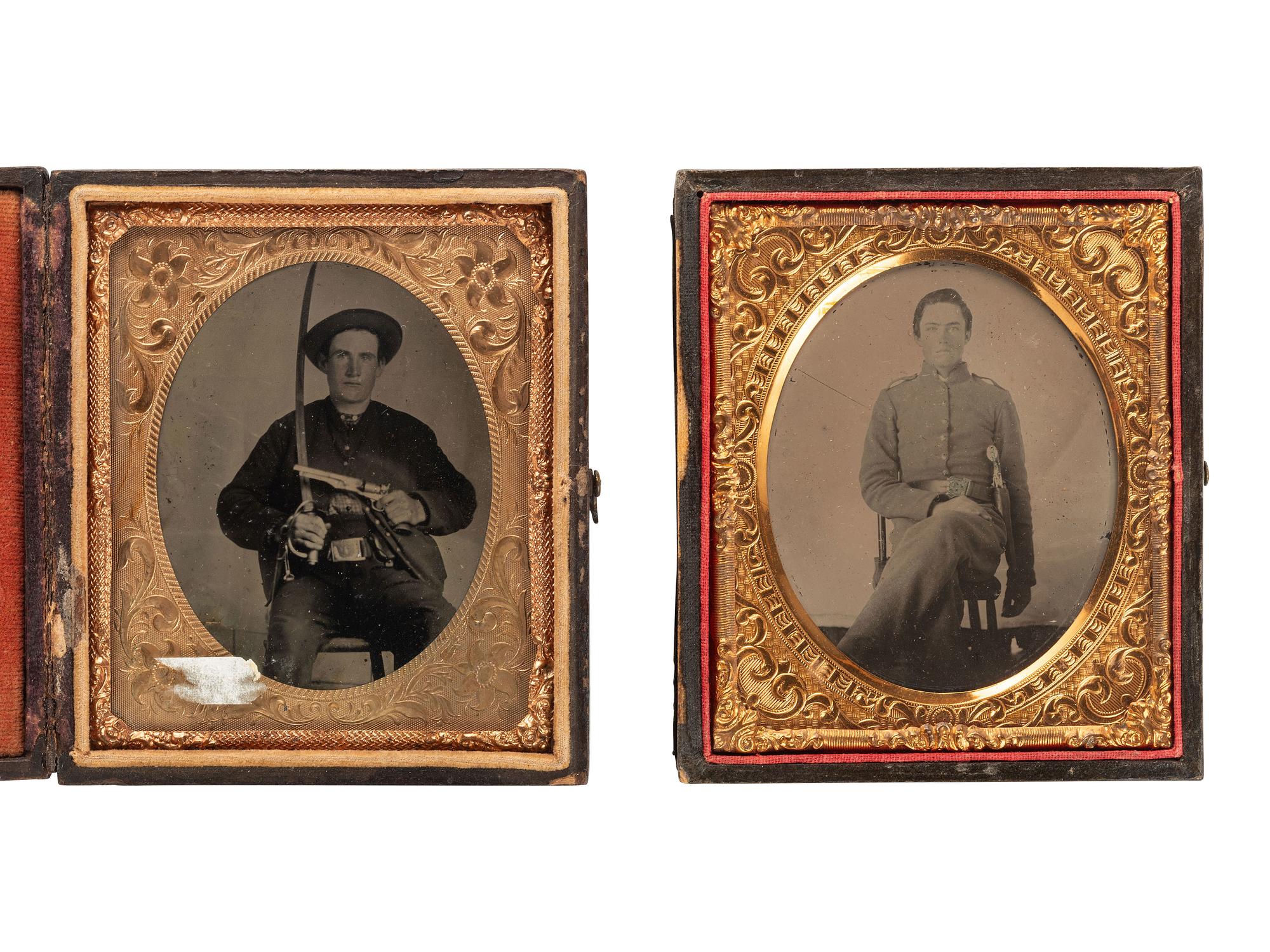 [CIVIL WAR]. 2 sixth plate tintypes featuring possibly southern soldiers armed with revolvers.