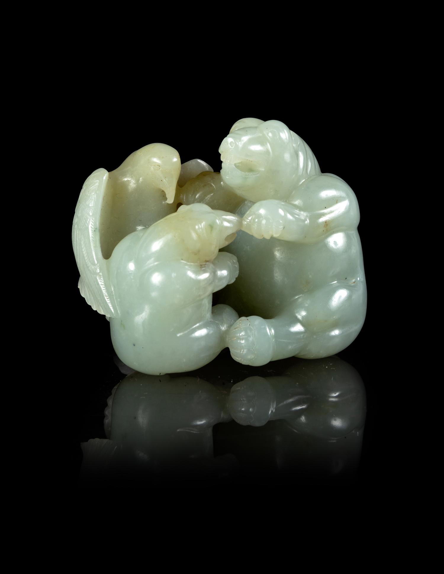 A Pale Celadon Jade 'Bears and Eagle' Group