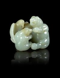 A Pale Celadon Jade 'Bears and Eagle' Group