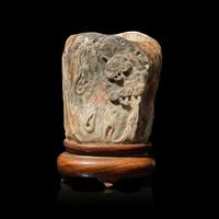 A Small Chinese "Chicken Bone" Jade "Pine" Brush Pot, Qing Dynasty — 清 鸡骨白玉雕松柏纹笔筒