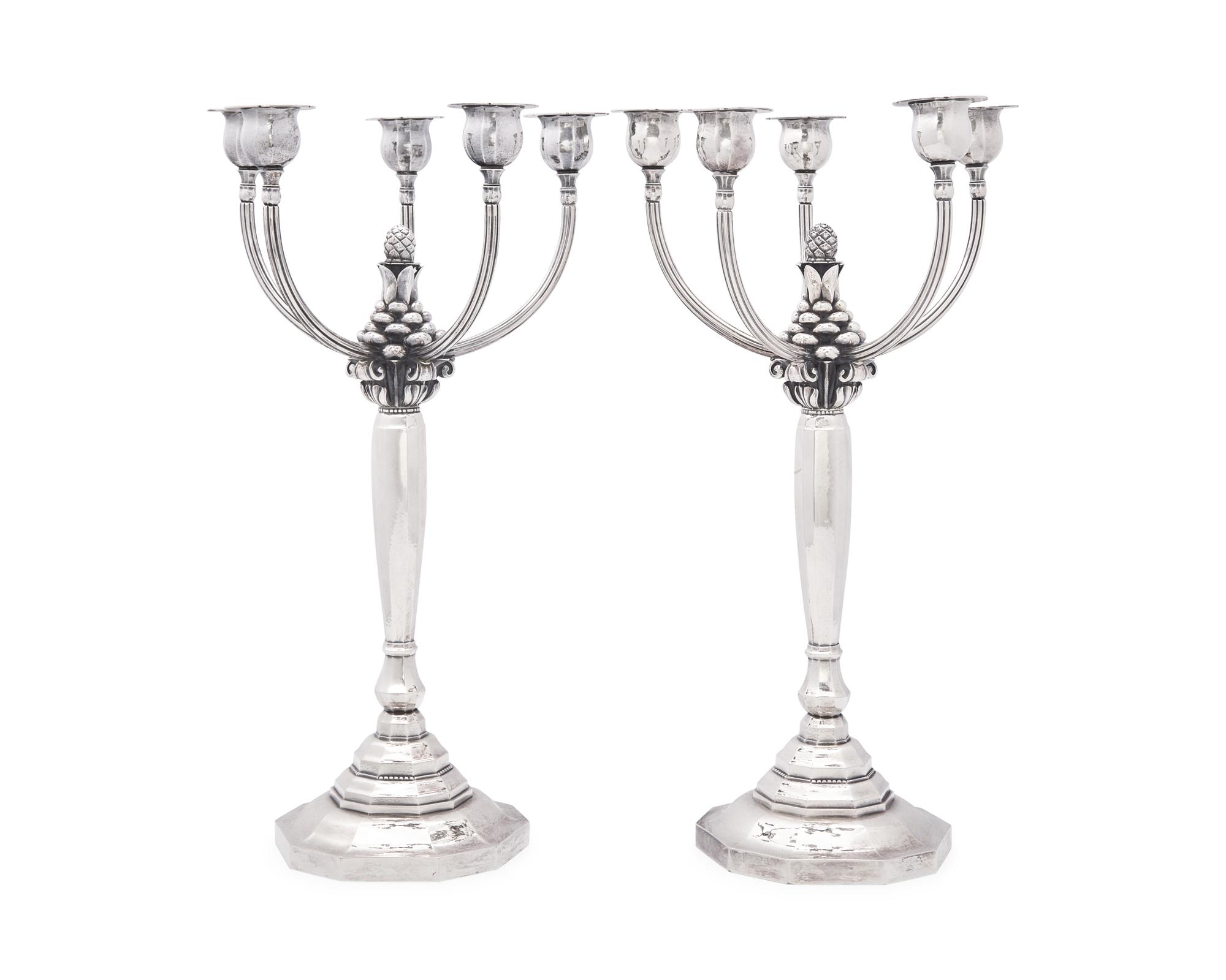 A Pair of Johan Rohde Designed Georg Jensen Silver Acorn Pattern Five-Light Candelabra