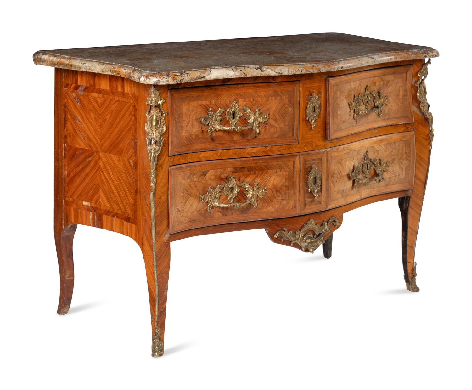 A Louis XV Gilt Bronze Mounted Tulipwood Marble-Top Commode