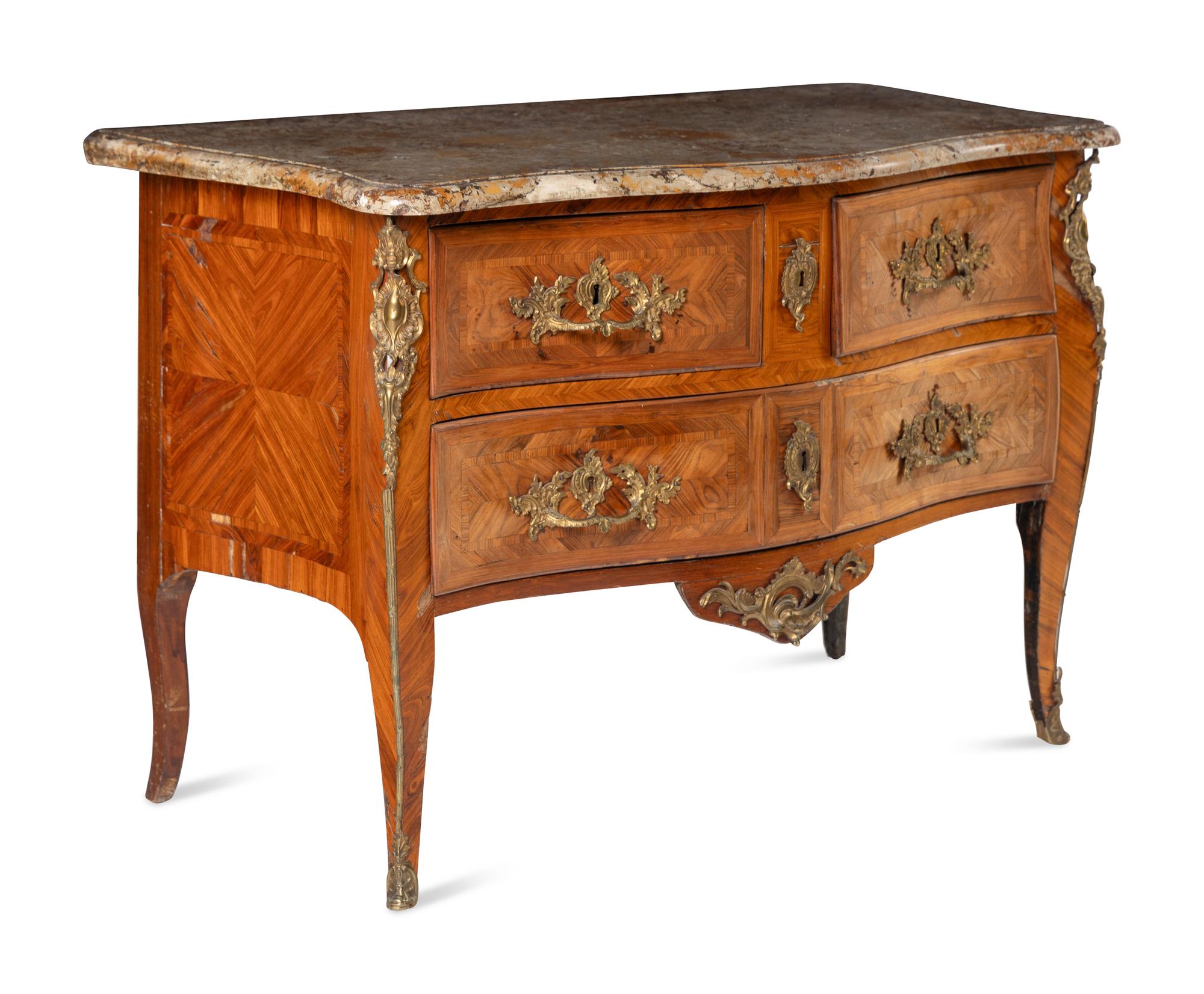 A Louis XV Gilt Bronze Mounted Tulipwood Marble-Top Commode