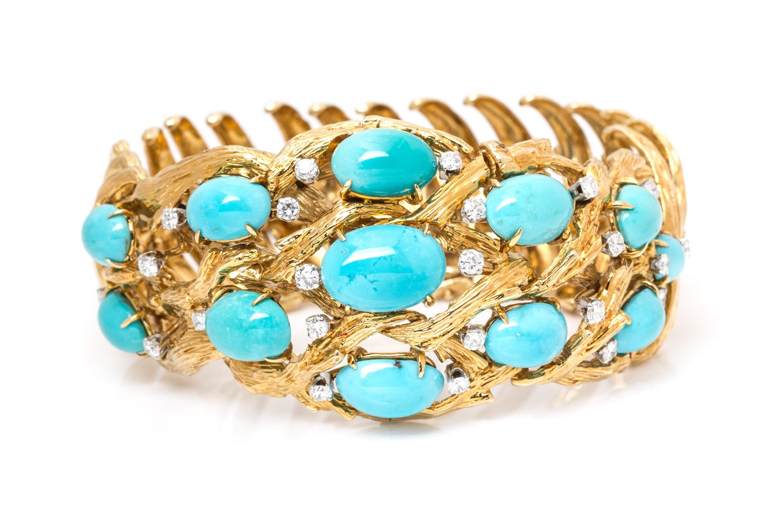 An 18 Karat Yellow Gold, Turquoise and Diamond Bracelet, David Webb, 64.50 dwts.