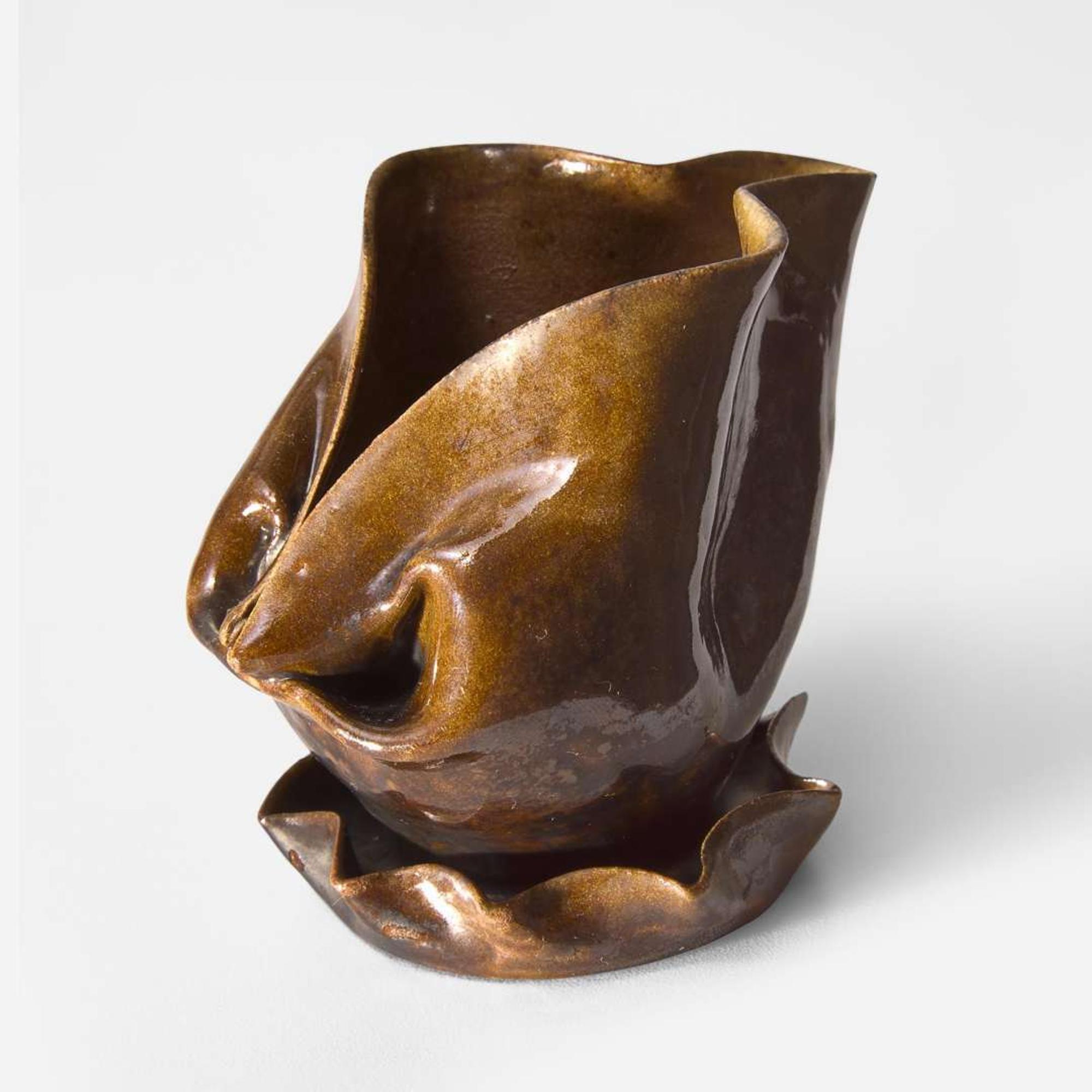 George Ohr (American, 1857-1918) Crumpled Pitcher with Attached Underplate in Mottled Brown Glaze, Biloxi, Mississippi, USA, circa 1895-1896