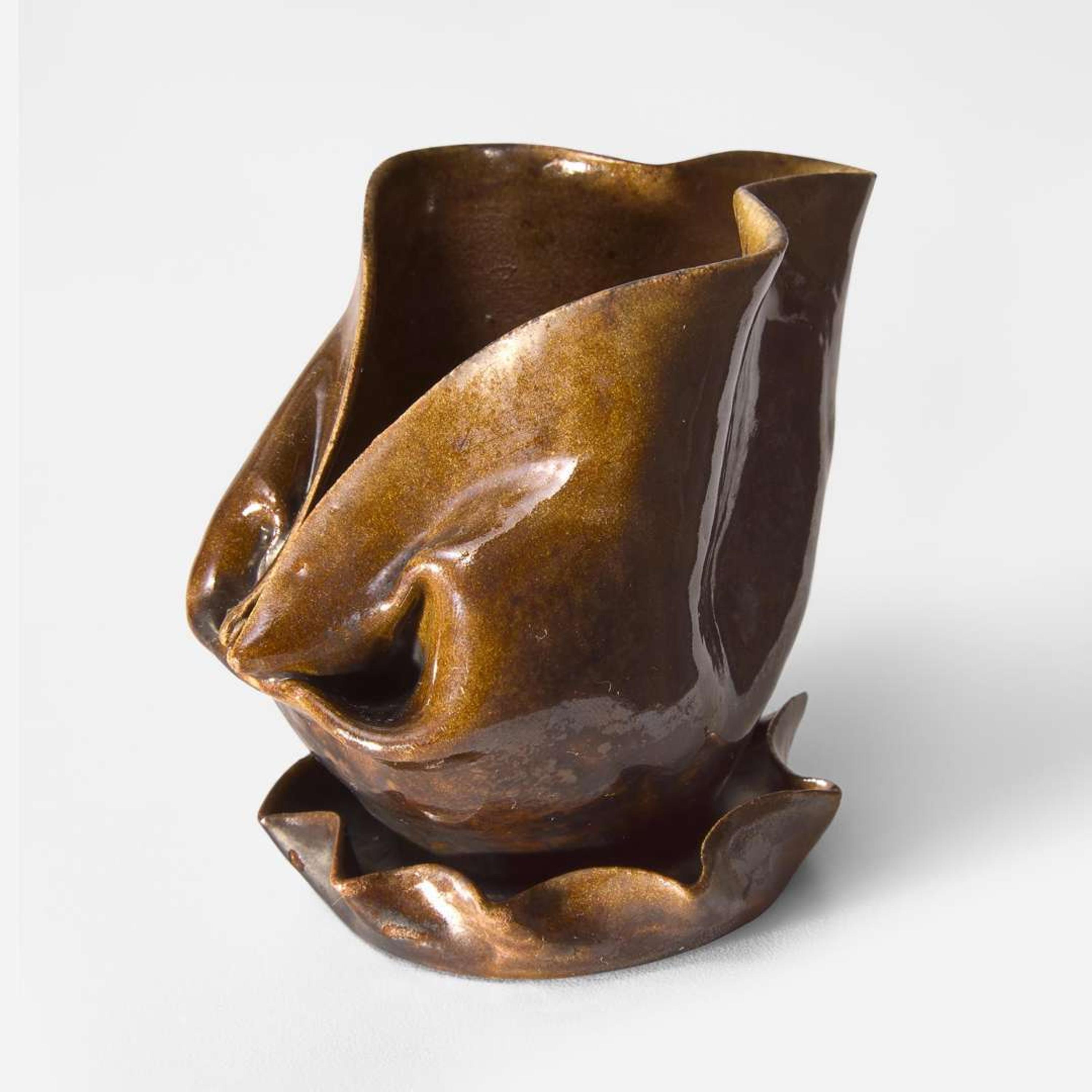George Ohr (American, 1857-1918) Crumpled Pitcher with Attached Underplate in Mottled Brown Glaze, Biloxi, Mississippi, USA, circa 1895-1896