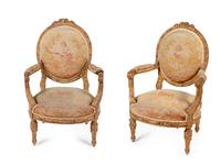 Pair of Louis XVI Style Aubusson Tapestry -Upholstered Fauteuils en Cabriolet