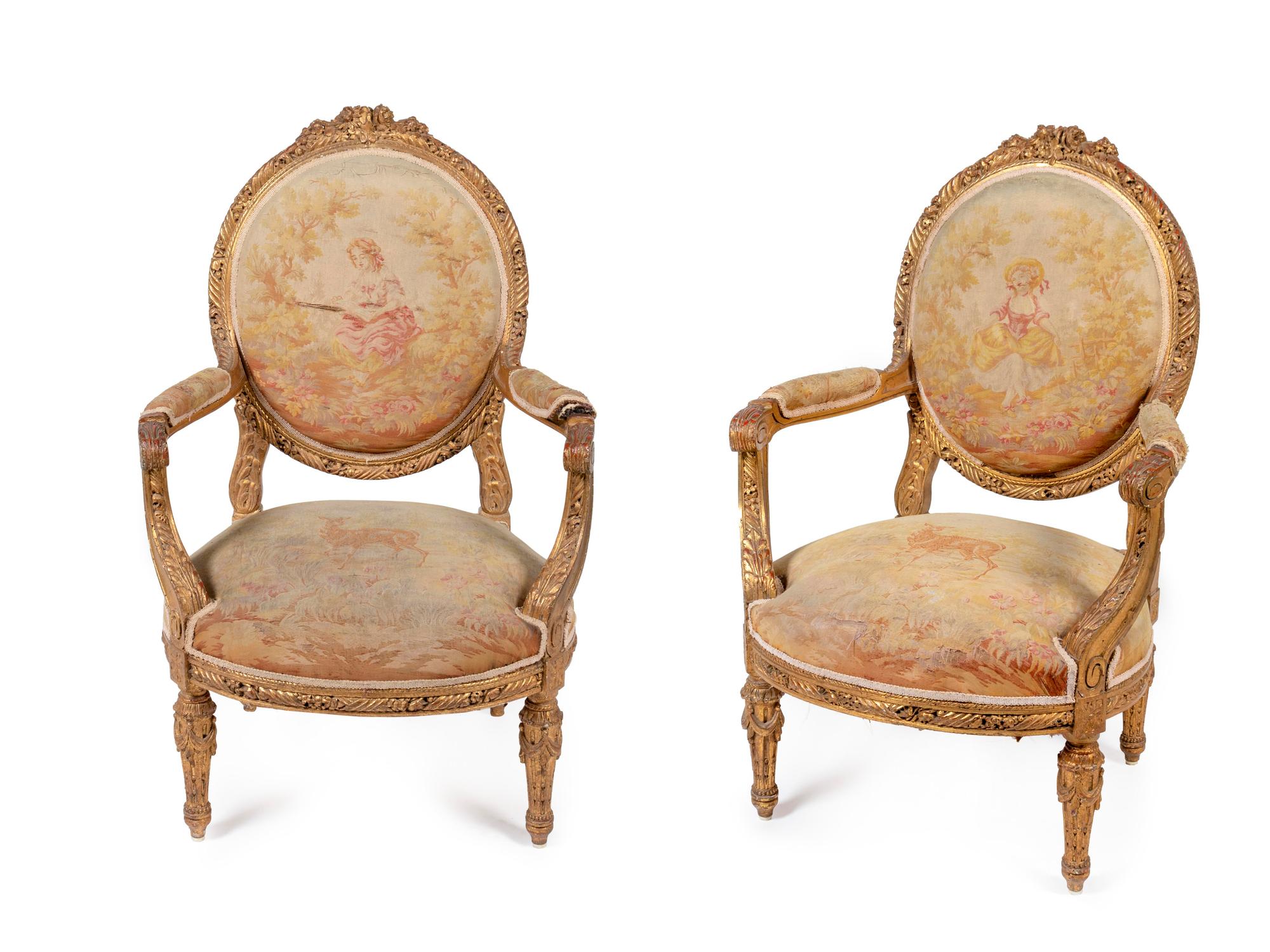 Pair of Louis XVI Style Aubusson Tapestry -Upholstered Fauteuils en Cabriolet