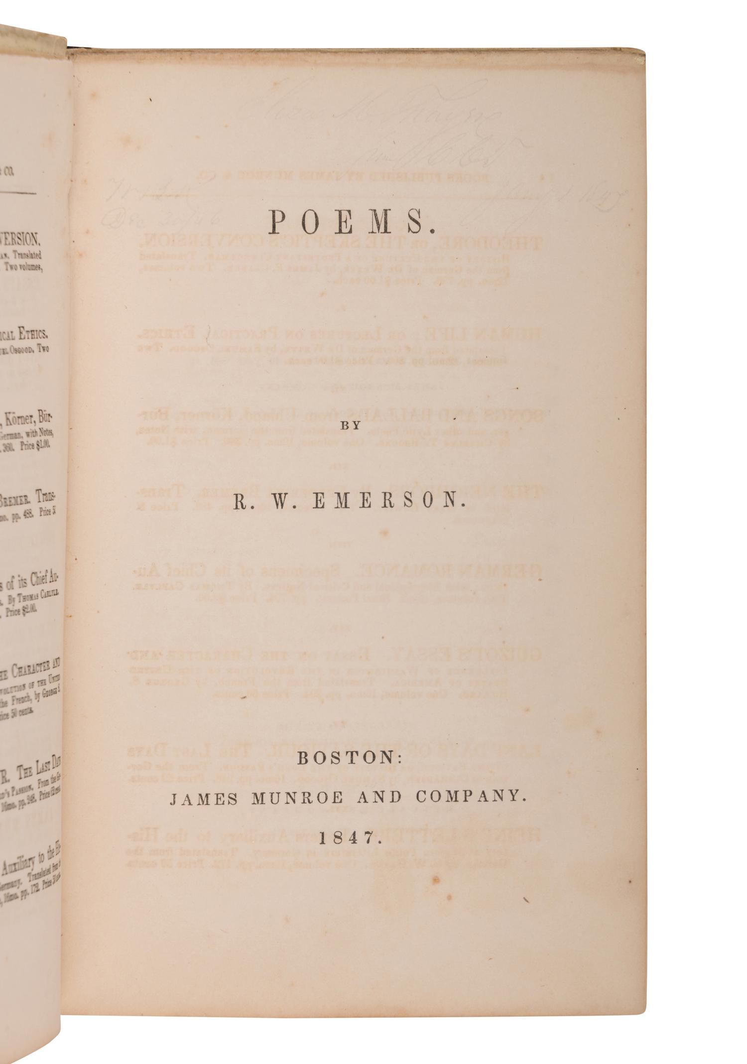 EMERSON, Ralph Waldo (1803-1882). Poems . Boston: James Munroe and Company, 1847.