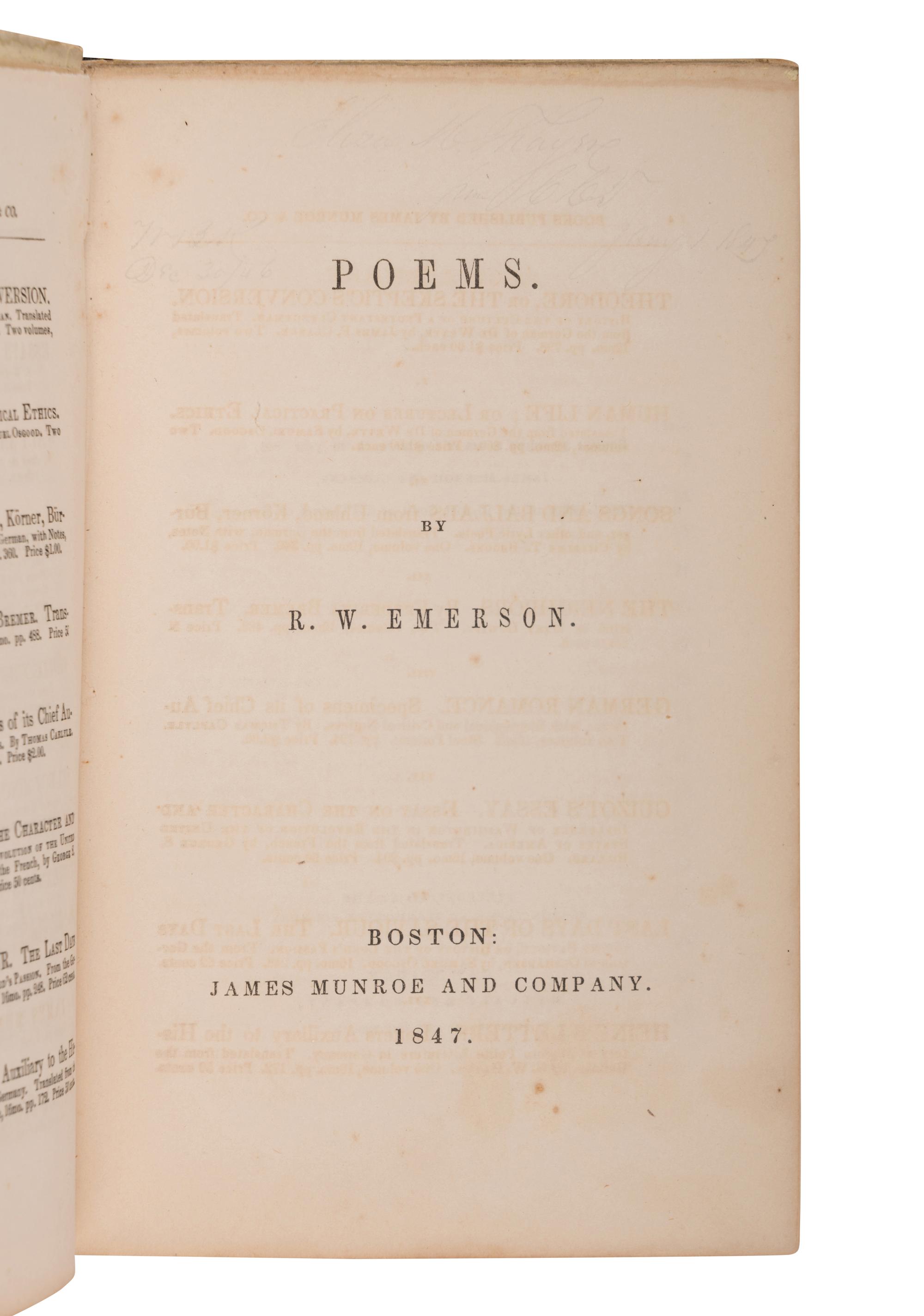EMERSON, Ralph Waldo (1803-1882). Poems . Boston: James Munroe and Company, 1847.