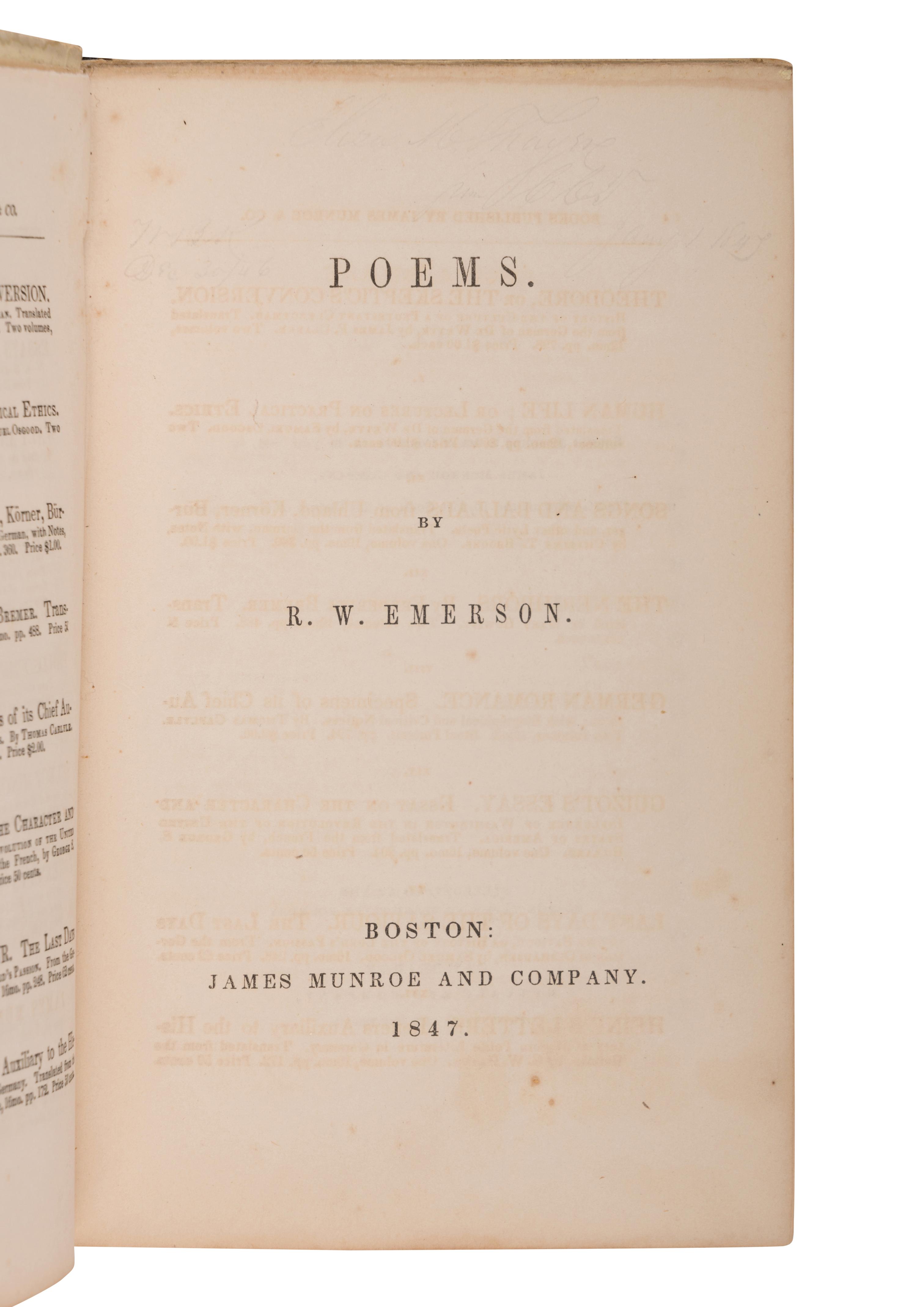 EMERSON, Ralph Waldo (1803-1882). Poems . Boston: James Munroe and Company, 1847.