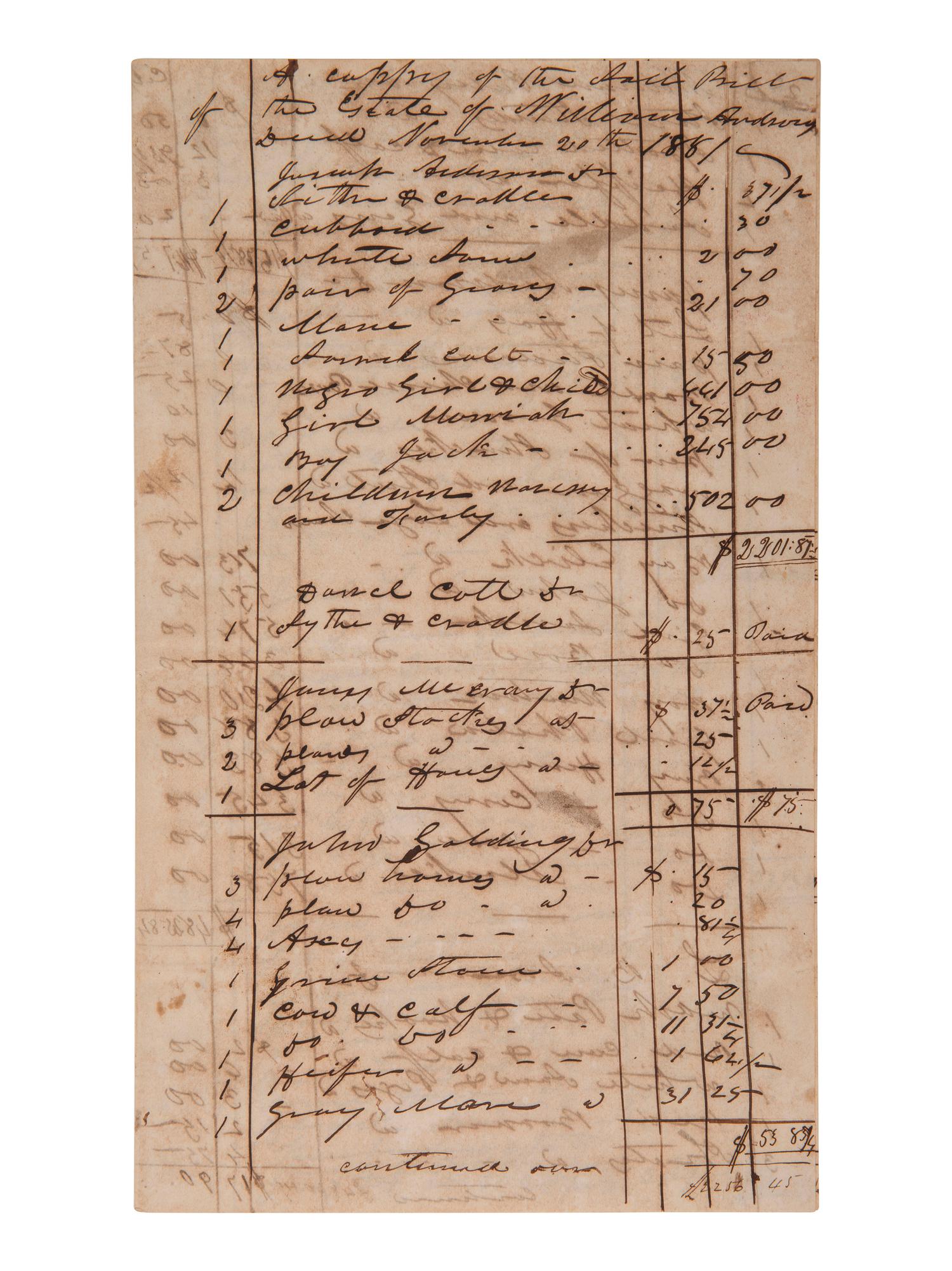 [ENSLAVEMENT] 1851 inventory of property and enslaved peoples from the AL Estate of Wm. Anderson.