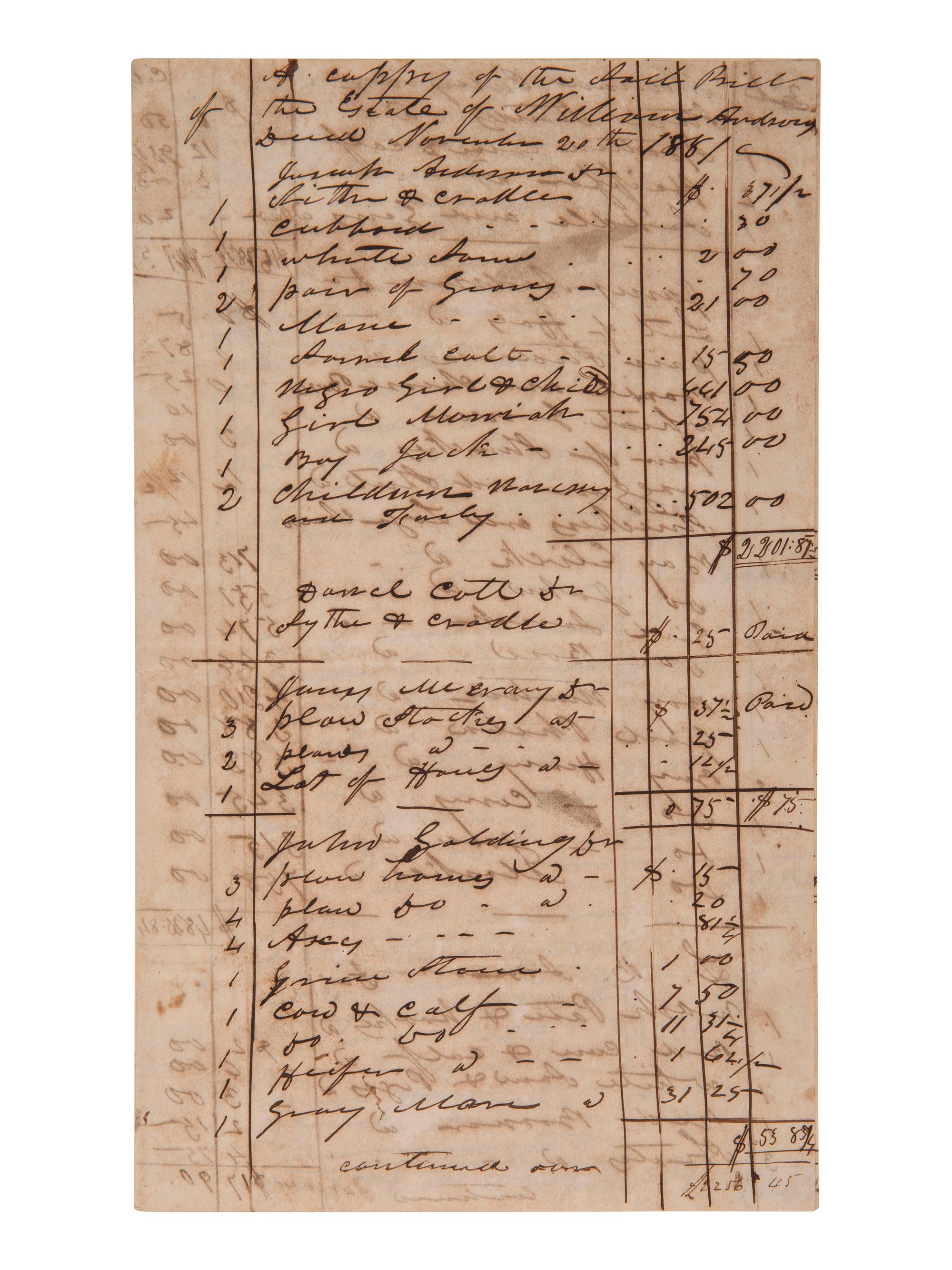 [ENSLAVEMENT] 1851 inventory of property and enslaved peoples from the AL Estate of Wm. Anderson.