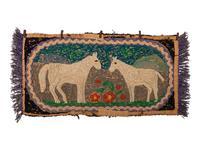A Crazy Quilt Pillow Cover with Chickens and Eagles and Hooked Rug with Horses