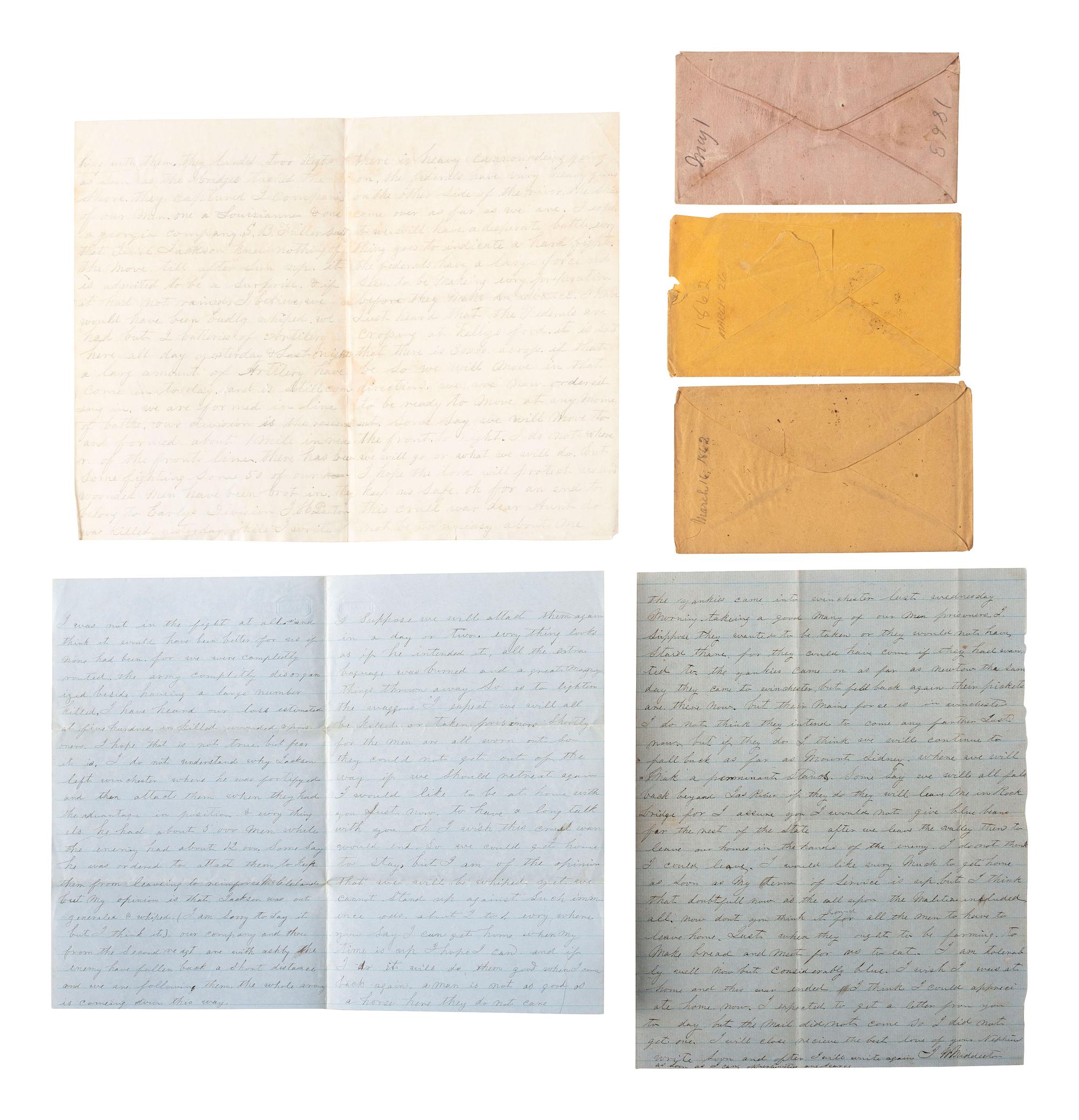 [CIVIL WAR]. A group of 3 ALsS from Private John W. Middleton, 27th Virginia Infantry, "Stonewall Brigade," including description of the Battle of Chancellorsville. Various locations, 1862-1863.
