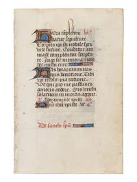 FOLLOWER OF WILLEM VRELANT ( a ctive Bruges, c. 1454-1481) A leaf from a Book of Hours, with historiated initial ‘D’ of the Dove of the Holy Spirit, in Latin, illuminated manuscript on parchment [Southern Netherlands, probably Bruges, c. 1460]