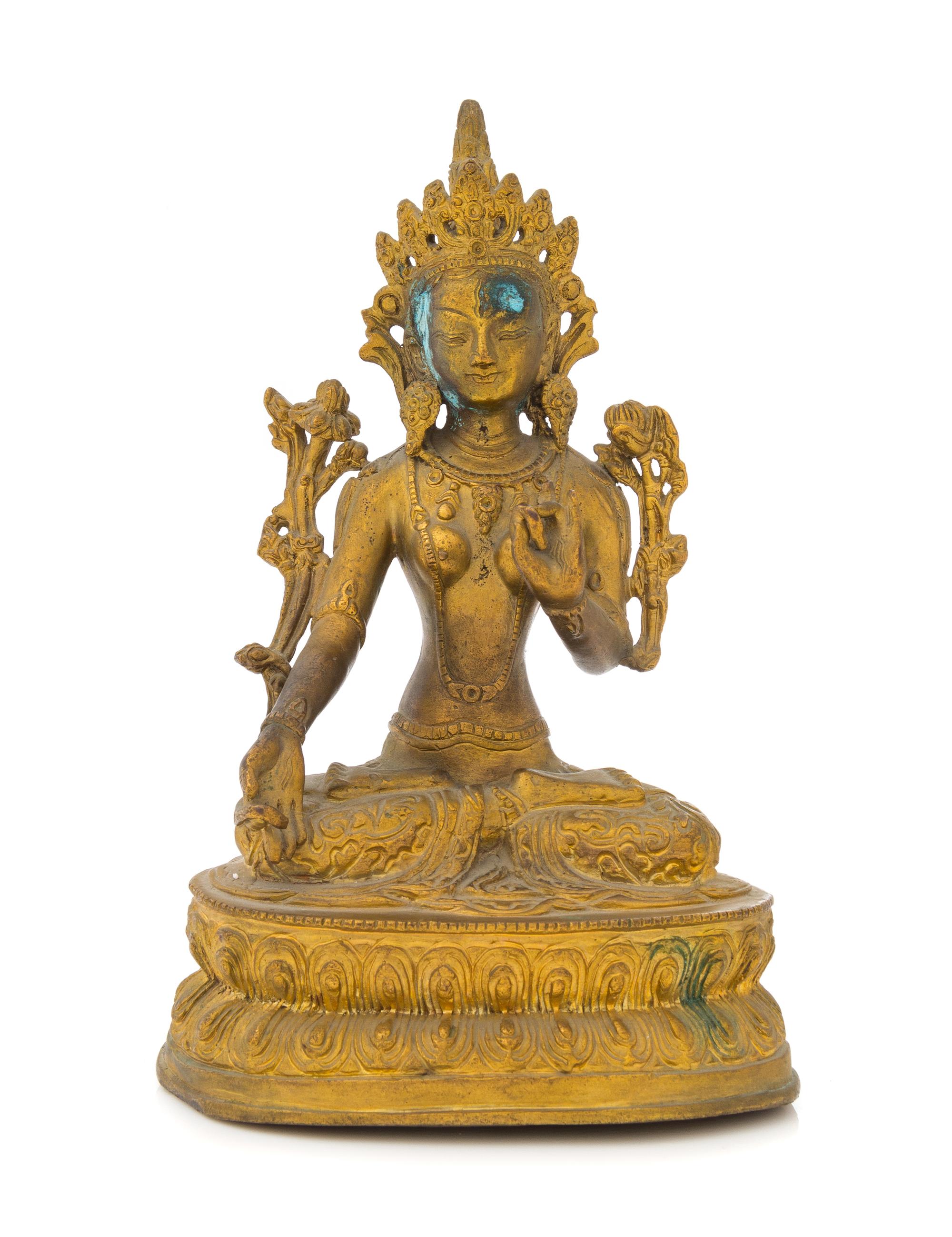 A Sino-Tibetan Gilt Bronze Figure of Tara Height 8 1/4 inches.