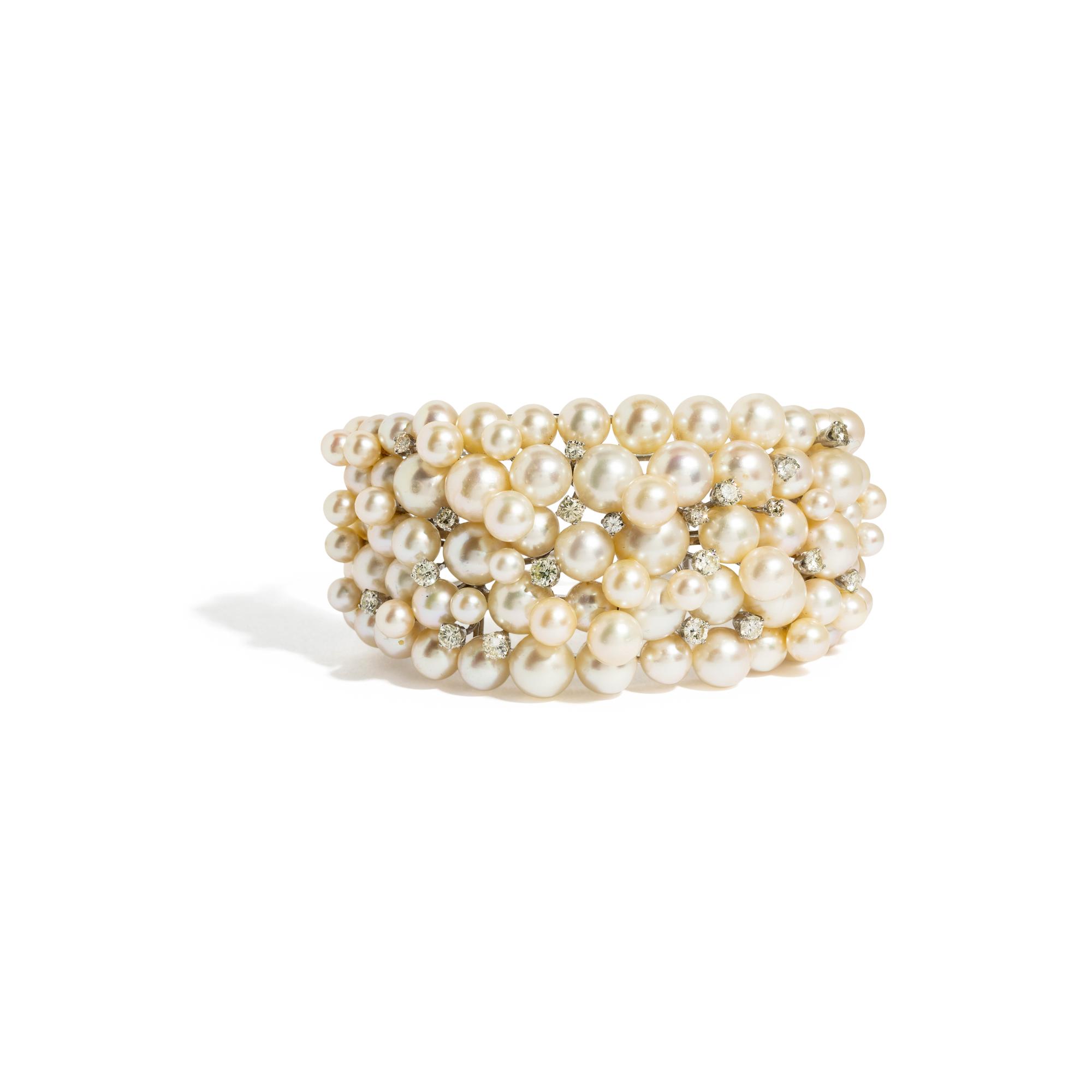 CULTURED PEARL, DIAMOND, AND WHITE GOLD BANGLE BRACELET