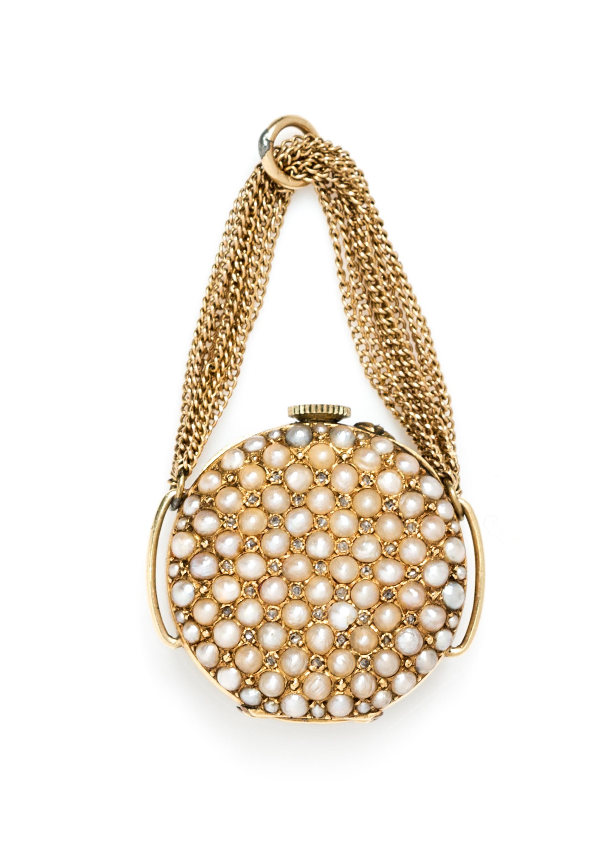An 18 Karat Yellow Gold, Seed Pearl and Diamond Pendant Watch, Mignon, 11.80 dwts.