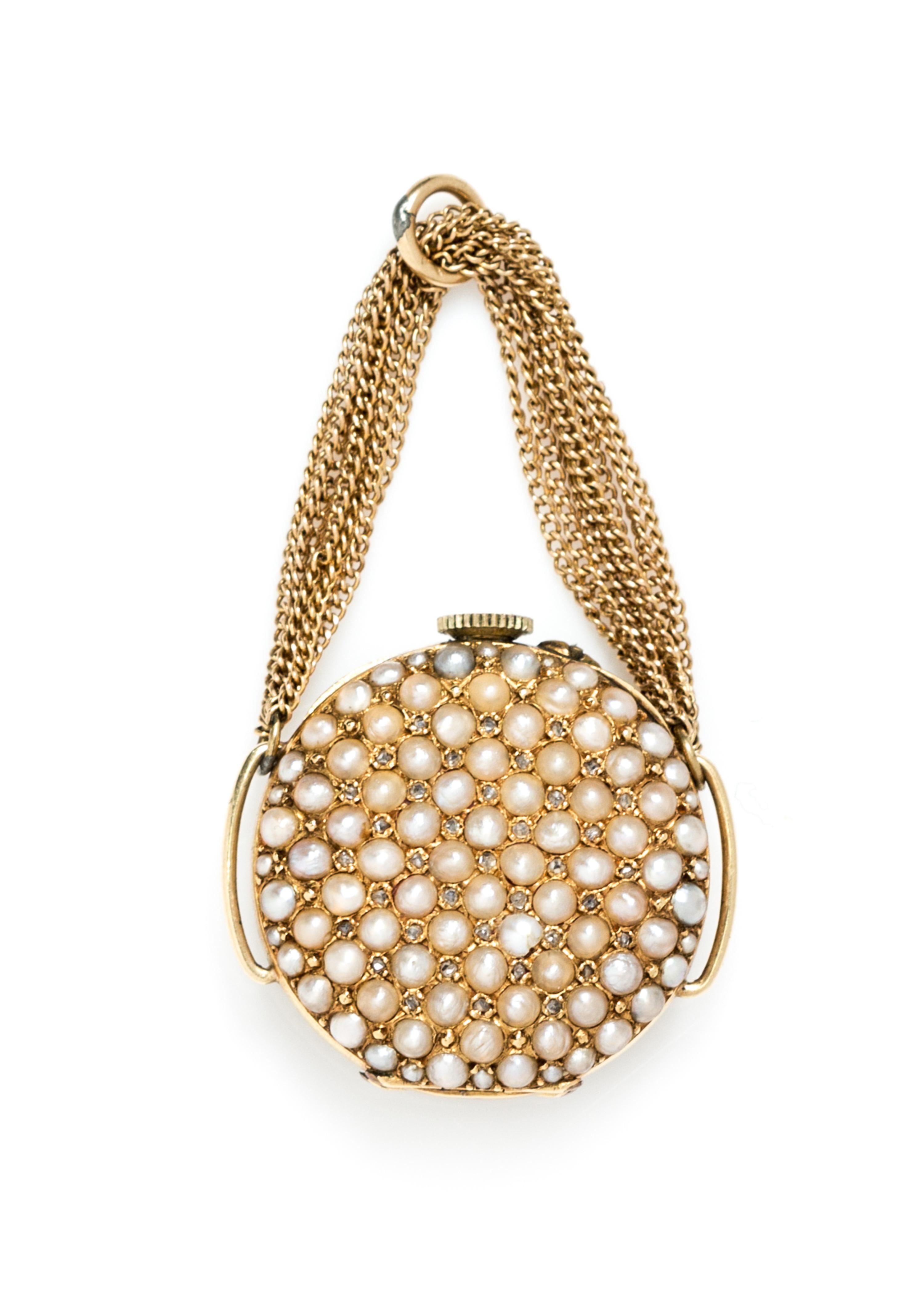 An 18 Karat Yellow Gold, Seed Pearl and Diamond Pendant Watch, Mignon, 11.80 dwts.