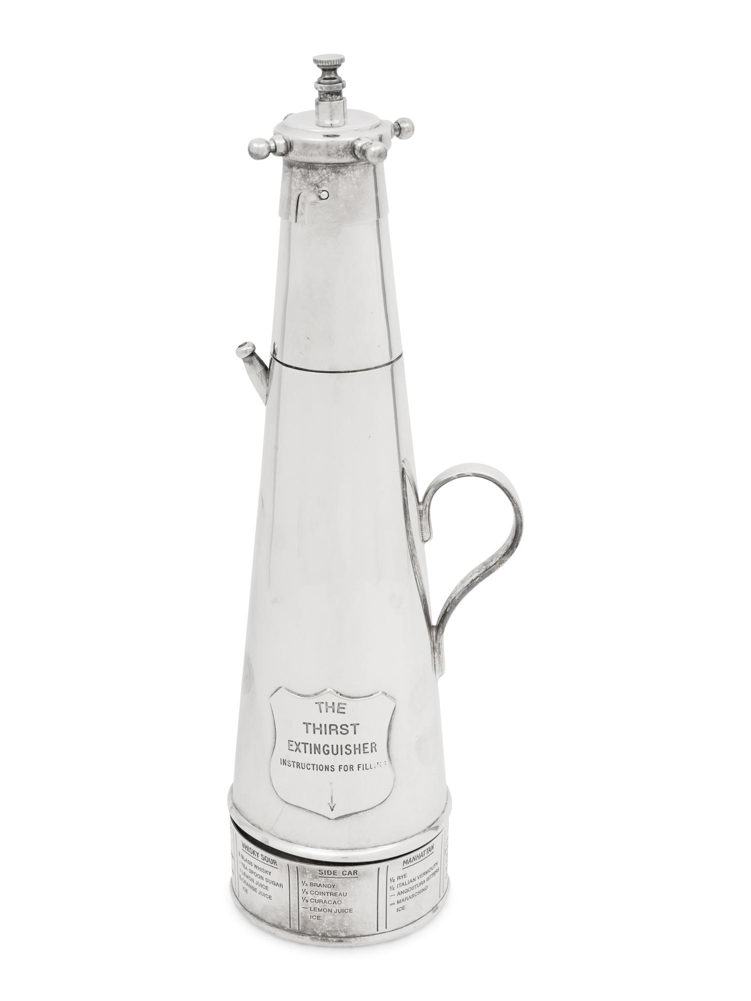 An English Silver-Plate The Thirst Extinguisher Cocktail Shaker