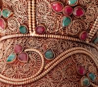 A Pair of Tibetan Style Gilt Filigree, Emerald and Ruby Mounted Rock Crystal Bowls with Covers