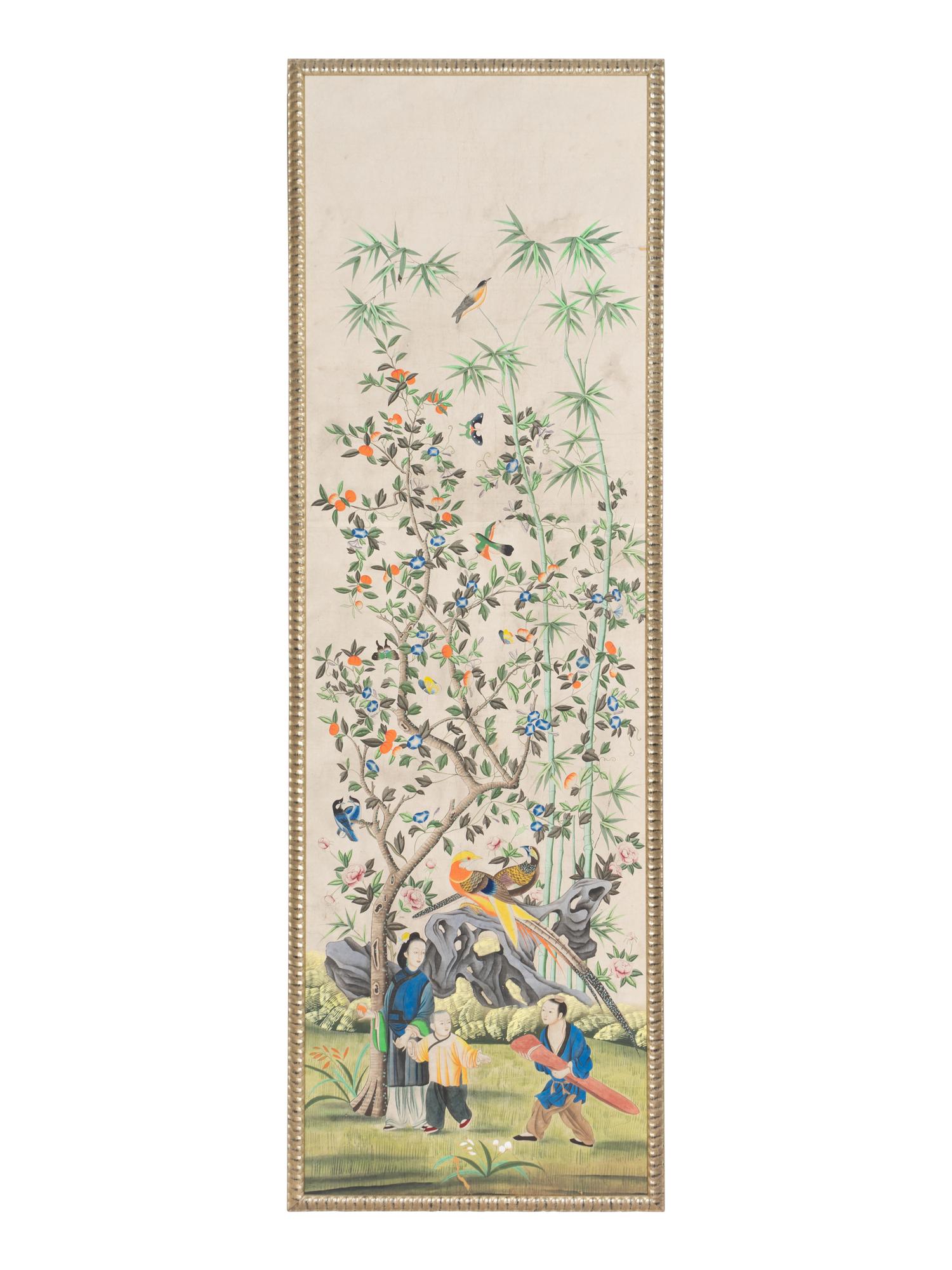 A Set of Four Large Chinese Export Hand-Painted Wallpaper Panels