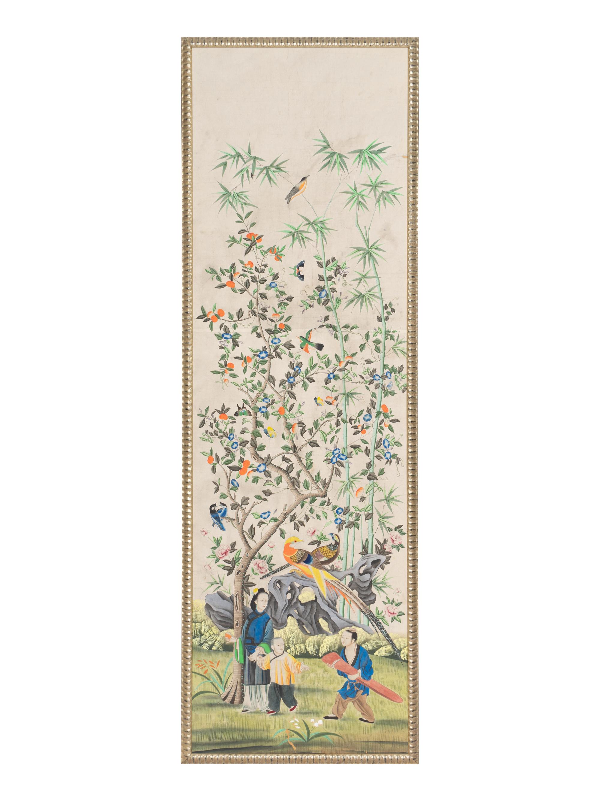 A Set of Four Large Chinese Export Hand-Painted Wallpaper Panels