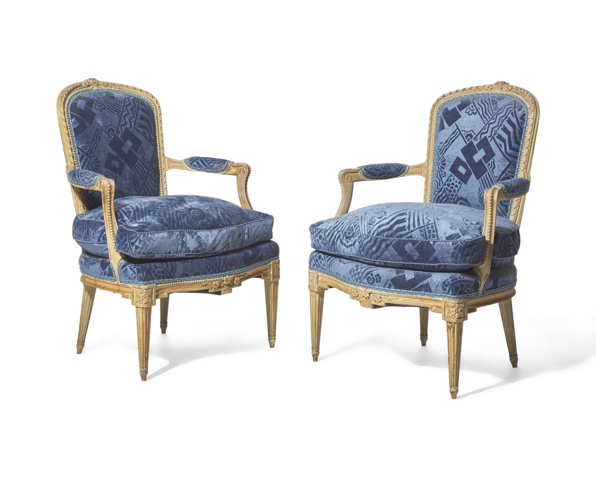 A pair of Louis XVI style white-painted bergères, probably 19th century