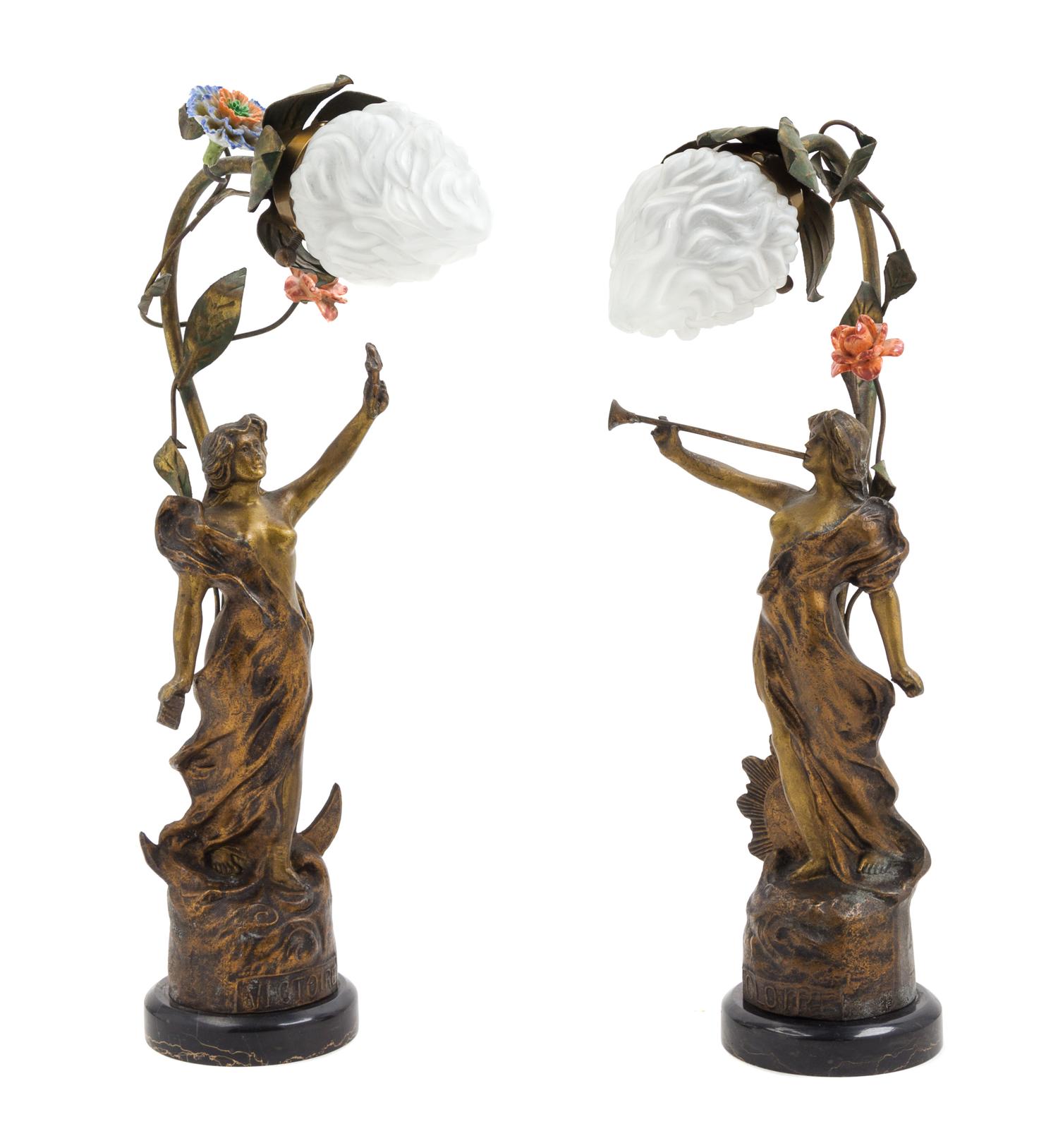 A Pair of French Cast Metal Figural Lamps Height 14 1/2 inches. — LATE 19TH CENTURY