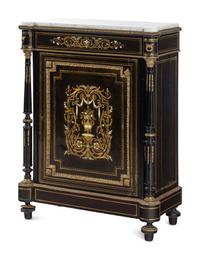 A Napoleon III Pewter and Brass-Inlaid Boulle Marquetry Marble-Top Cabinet