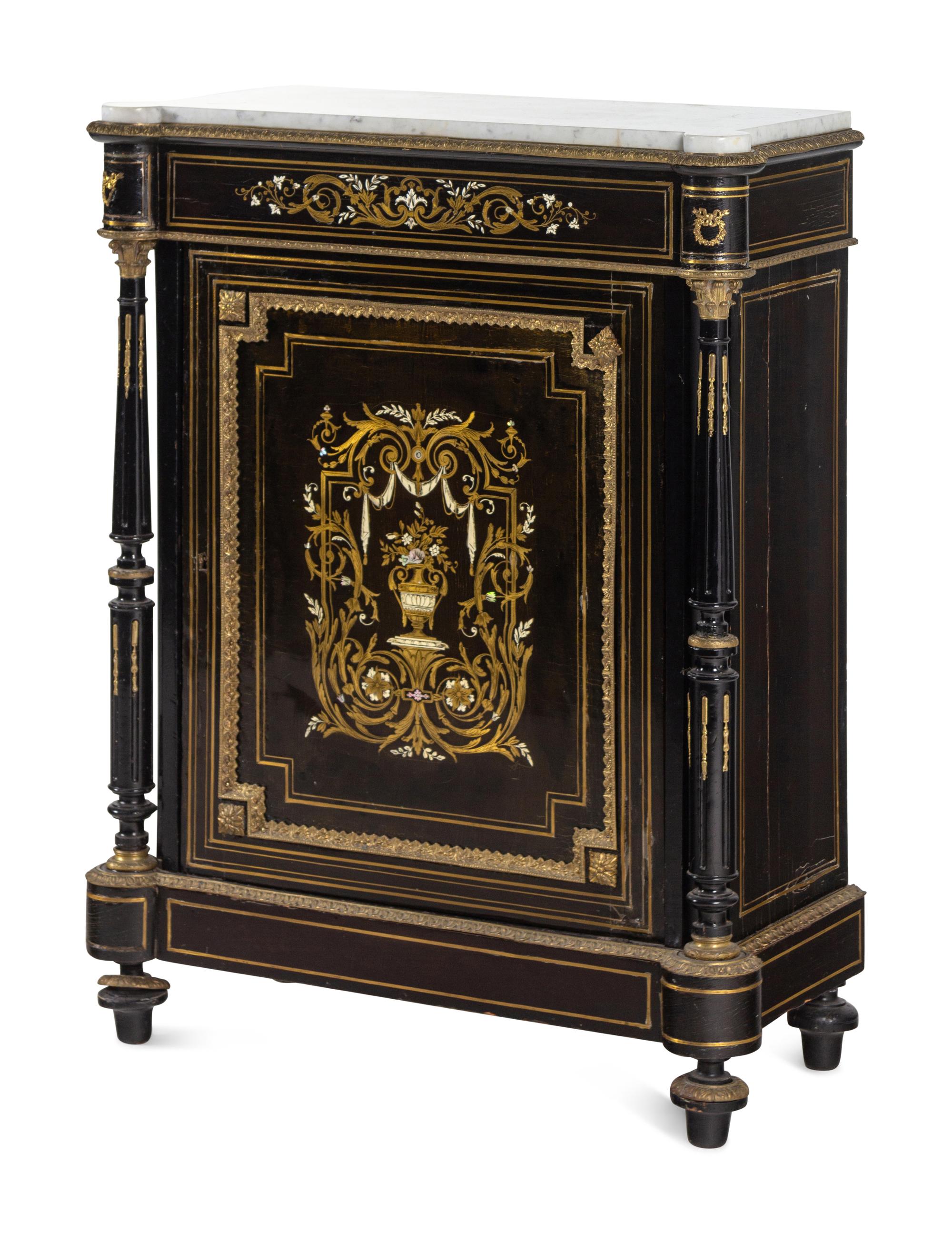 A Napoleon III Pewter and Brass-Inlaid Boulle Marquetry Marble-Top Cabinet