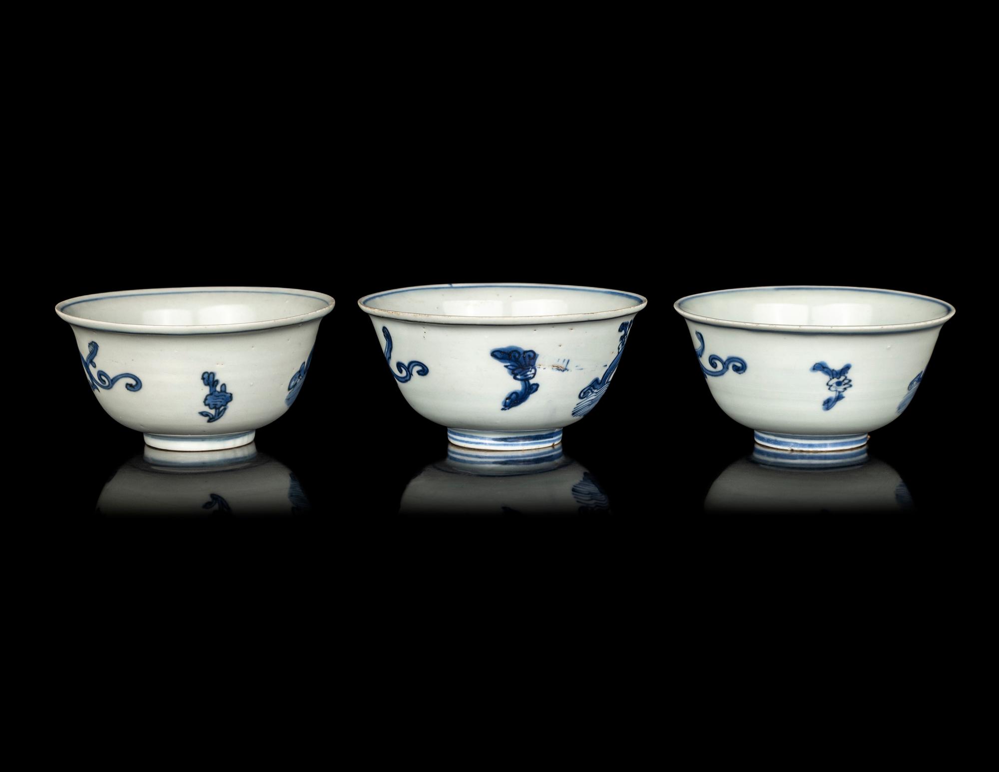 A Set of Three Chinese Blue and White Porcelain Bowls