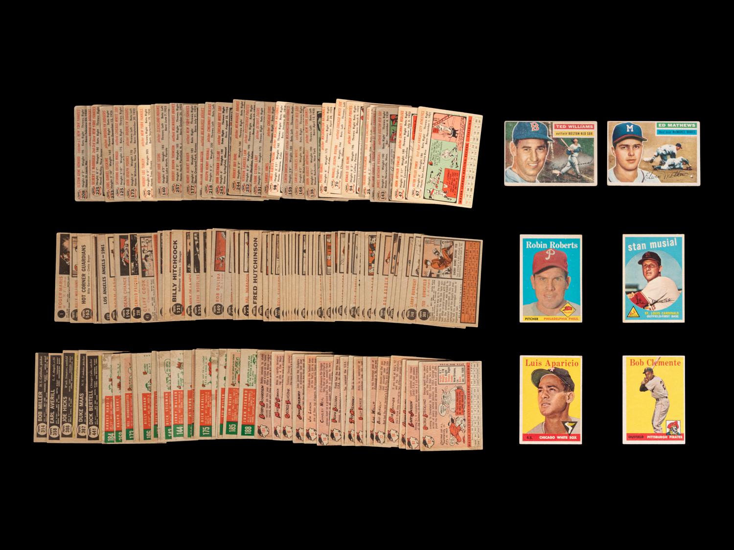 A Group of Assorted 1956, 1958, 1959, 1961, 1962 Topps Baseball Cards Including Ted Williams and Roberto Clemente,