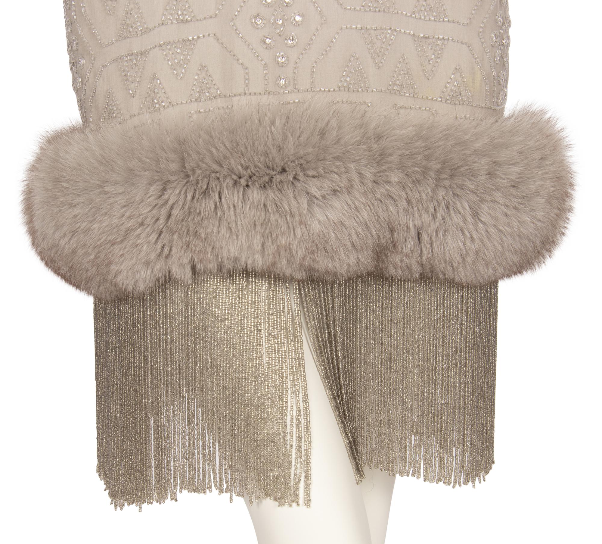 J. Mendel Silk Dress with Beading and Fox Fur Trim, 1990-2000s