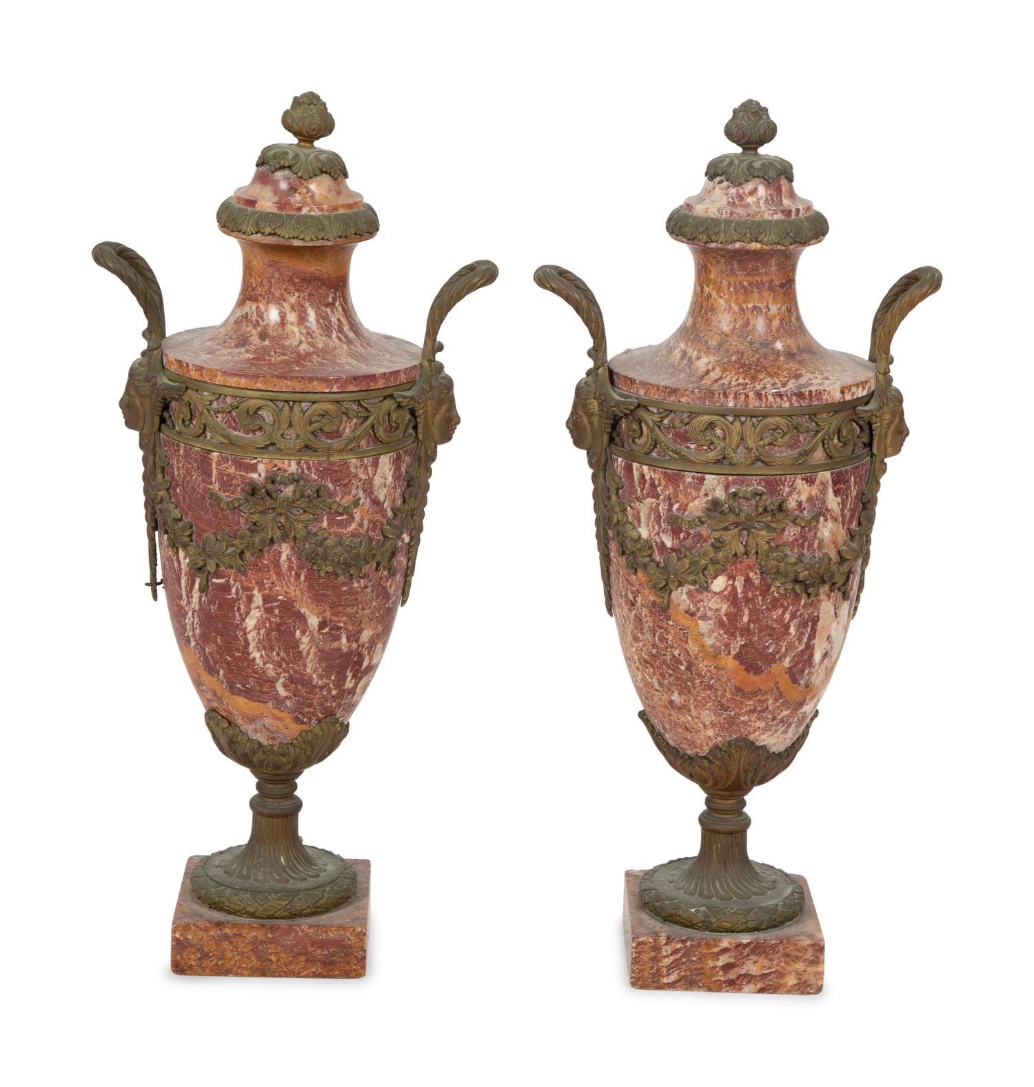 A Pair of English Rouge Marble and Bronze Mounted Urns — EARLY 20TH CENTURY