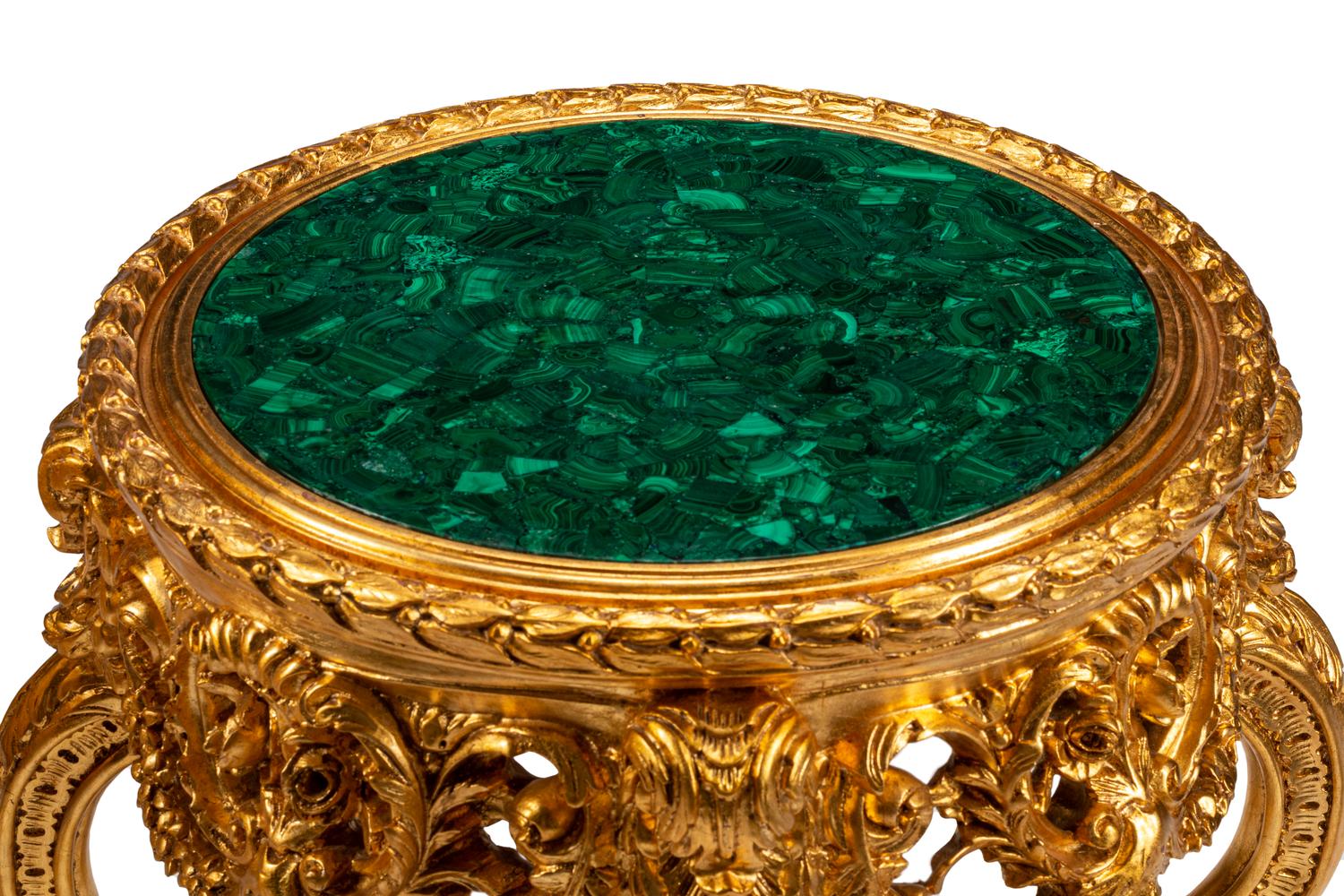 A Pair of Louis XV Style Giltwood Malachite-Top Tables