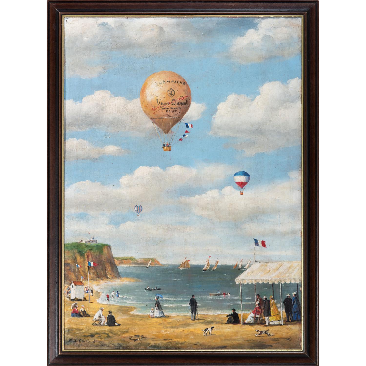 A Veuve Cliquot Champagne Balloonist Painted Advertisement, Signed