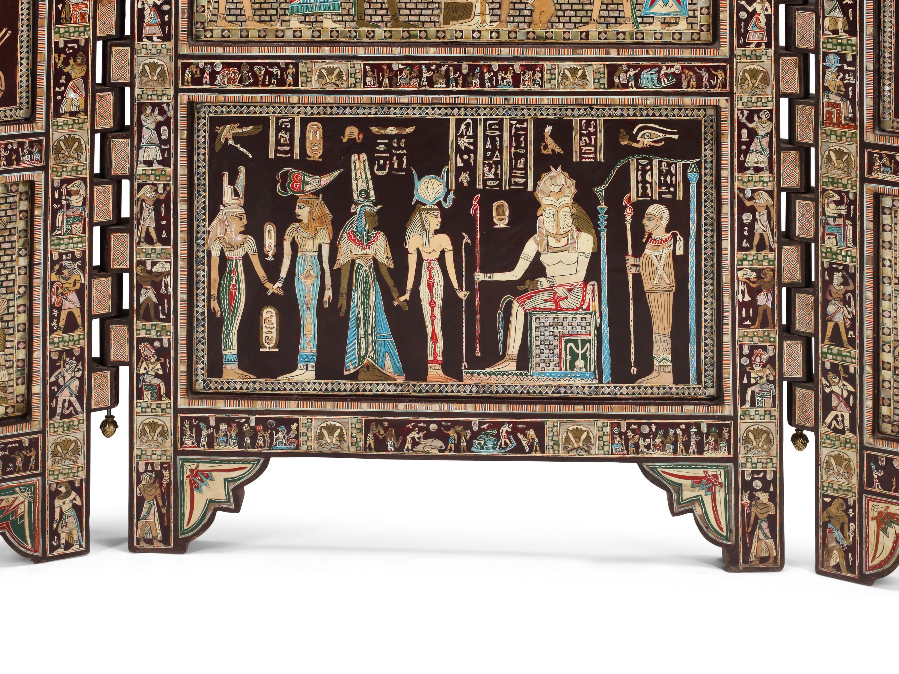 An Egyptian Style Mother-of-Pearl Inlaid Three-Panel Screen