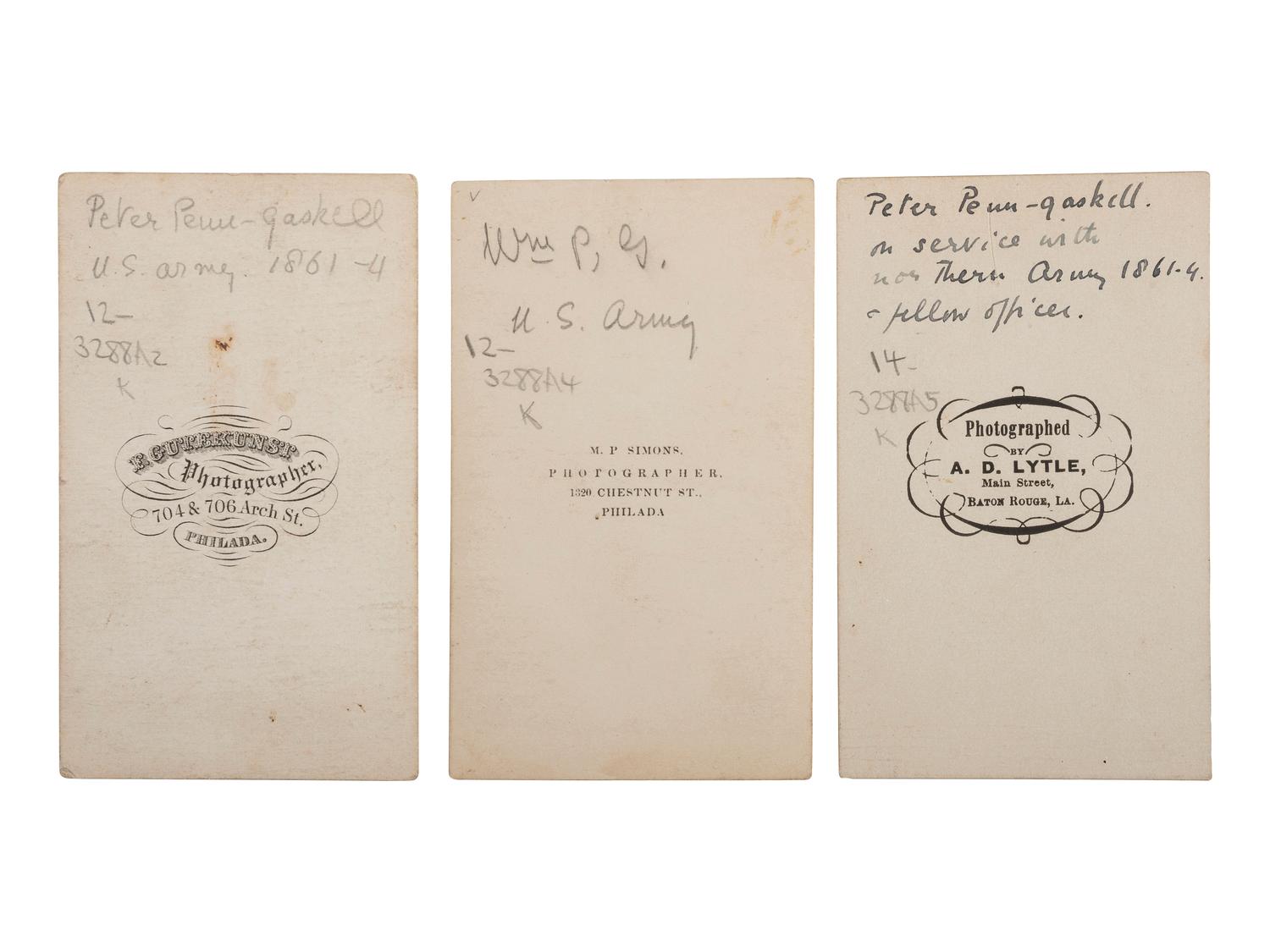 [CIVIL WAR]. A group of 3 CDVs, including portraits of Peter Penn-Gaskell, 1st New Jersey Cavalry and 2nd Louisiana Cavalry.